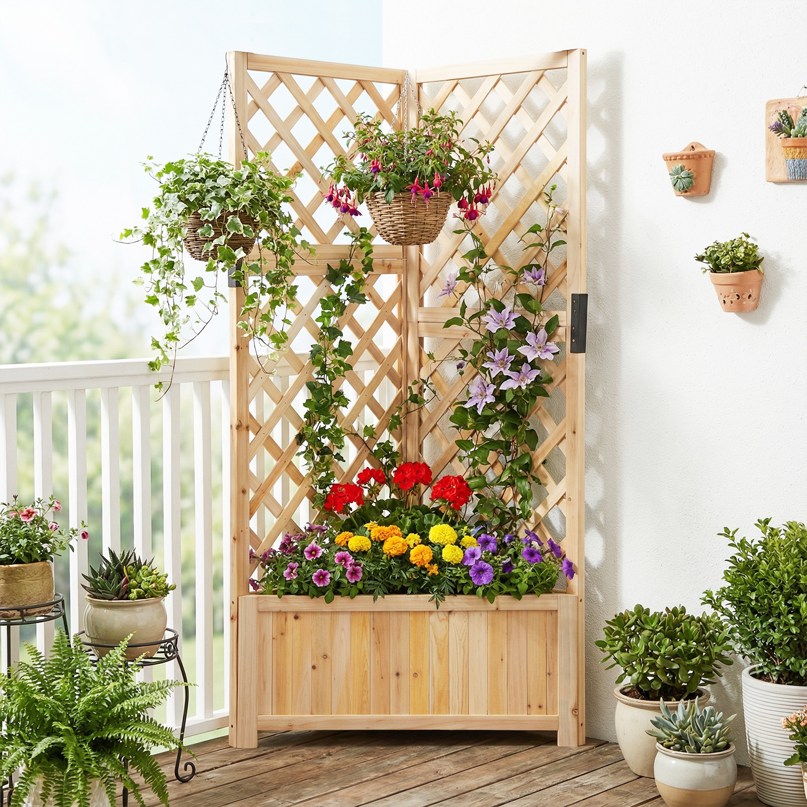 Image of Corner Raised Garden Bed With Lattice Trellises, Drainage Holes, Elevated Wooden Planter Box For Climbing Plant Vine Flower Vegetable , Indoor Outdoor Standing Gardening Box For Patio Porch Yard