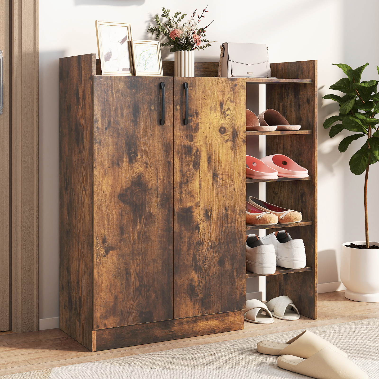 Image of Shoe Cabinet, Freestanding Shoe Rack Storage Organizer With 3-postition Adjustable Shelves, Multifunctional 2-door Storage Cabinet With 5 Open Compartments, For Entryway, Hallway, Living Room