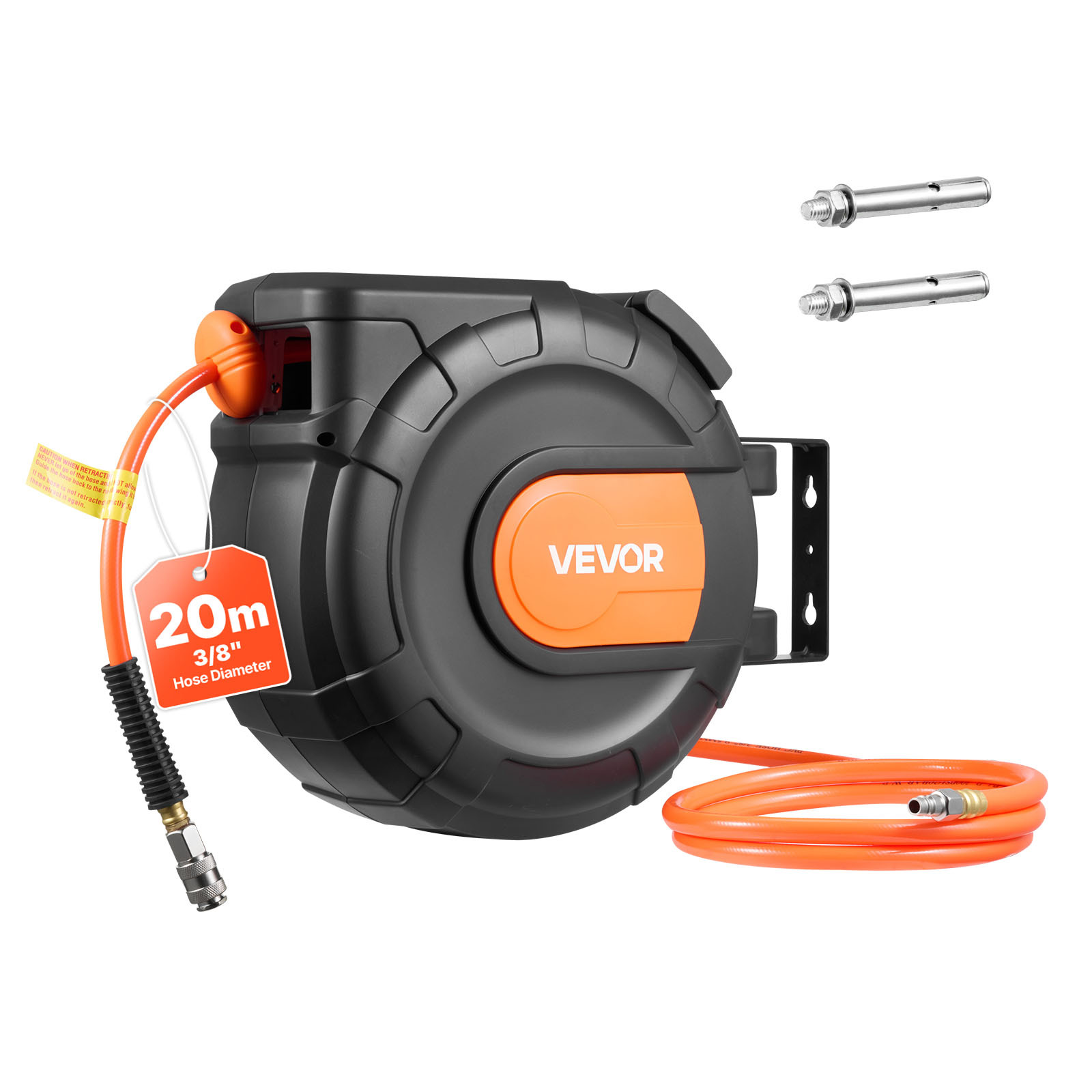 Vevor Retractable Air Hose Reel, 20m X 9.5mm Pvc Air Hose Max 300psi, Enclosed Air-compressor Hoses Reel Auto With 2m Lead In, 180° Swivel Ceiling/wall Mount For Garages