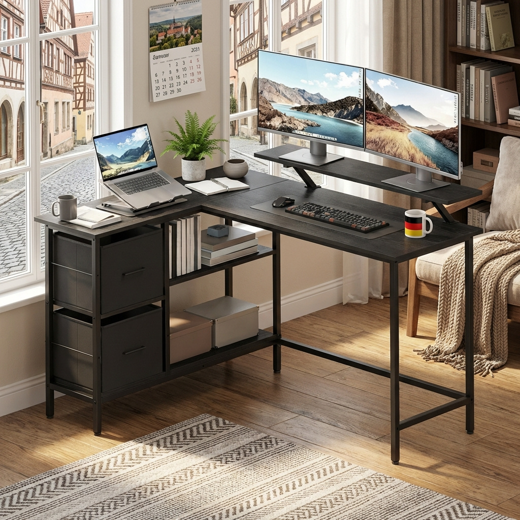 L-shaped Desk, , With 2 Drawers, Adjustable Shelf And Monitor Stand, 135 X 105 Cm, Computer Desk