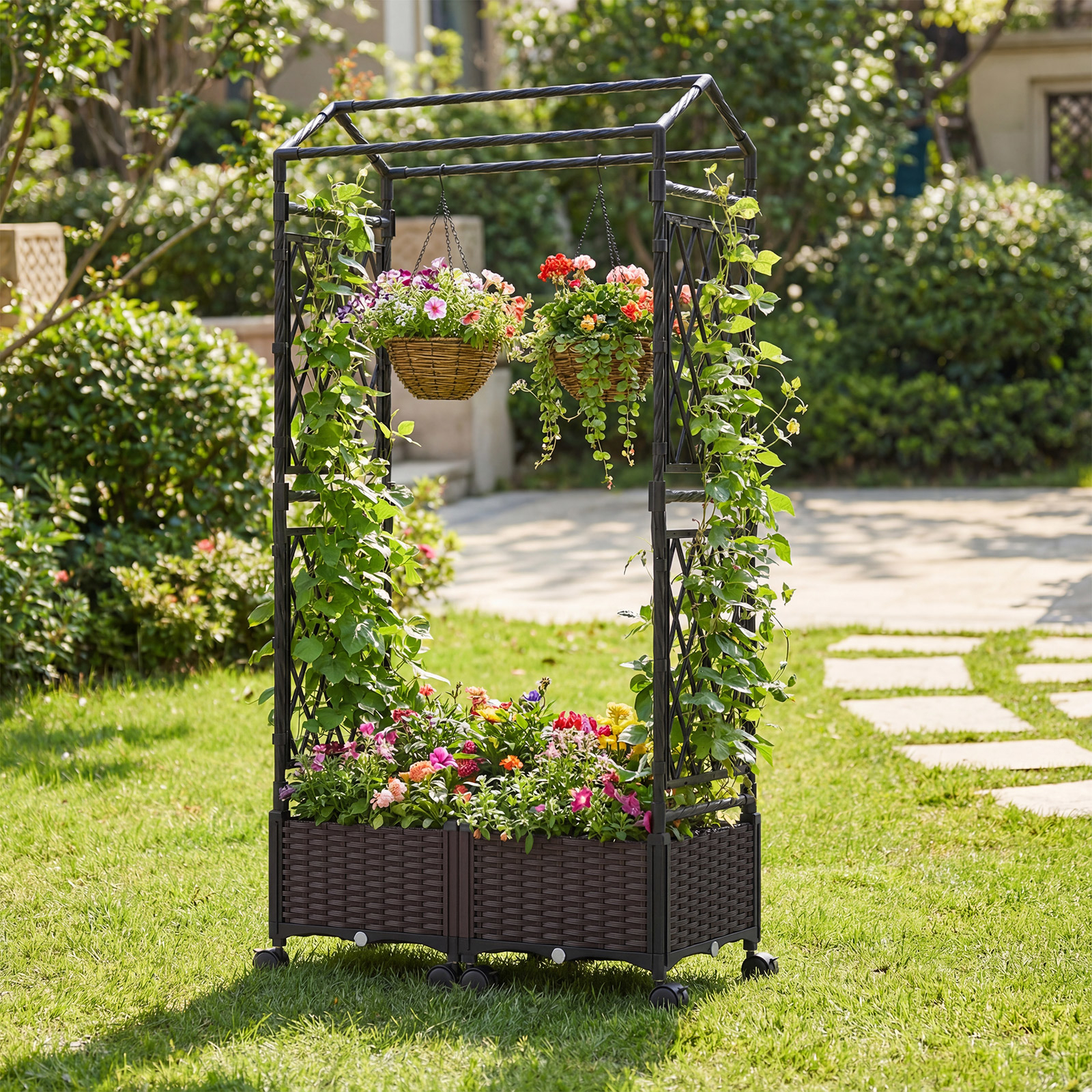 Image of Self-watering Planter Boxes With Lattice Trellis & Roof, 5.5 Ft Tall Raised Garden Bed On Lockable Wheels, Weatherproof Rattan Outdoor Planter For Climbing Vine Tomato Vegetable Flower