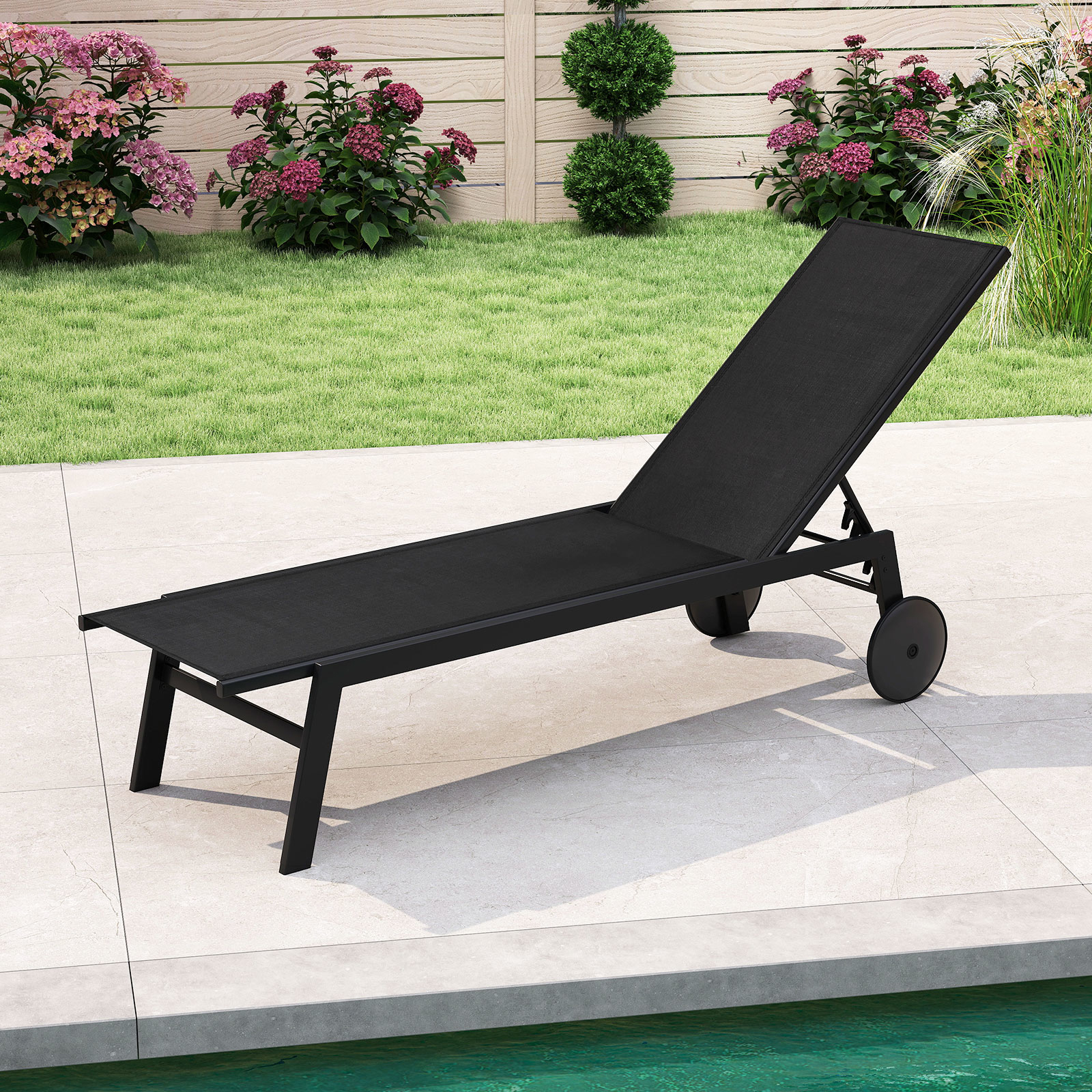 Image of Patio Chaise Lounge Chair With Wheels, Outdoor Recliner With 6-level Adjustable Backrest, Outside Sun Lounger For Poolside, Deck And Backyard