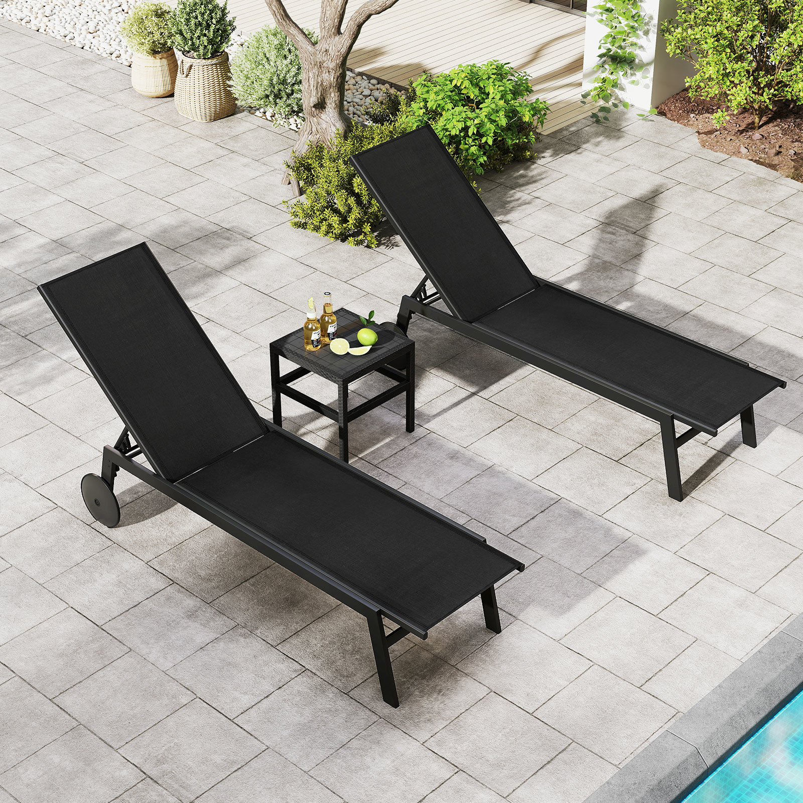 E-shop 2er-Set Gartenliege mit Rollen, Outdoor-Relaxliege mit 6-fach verstellbarer Rückenlehne, Sonnenliege für Pool, Terrasse und Garten