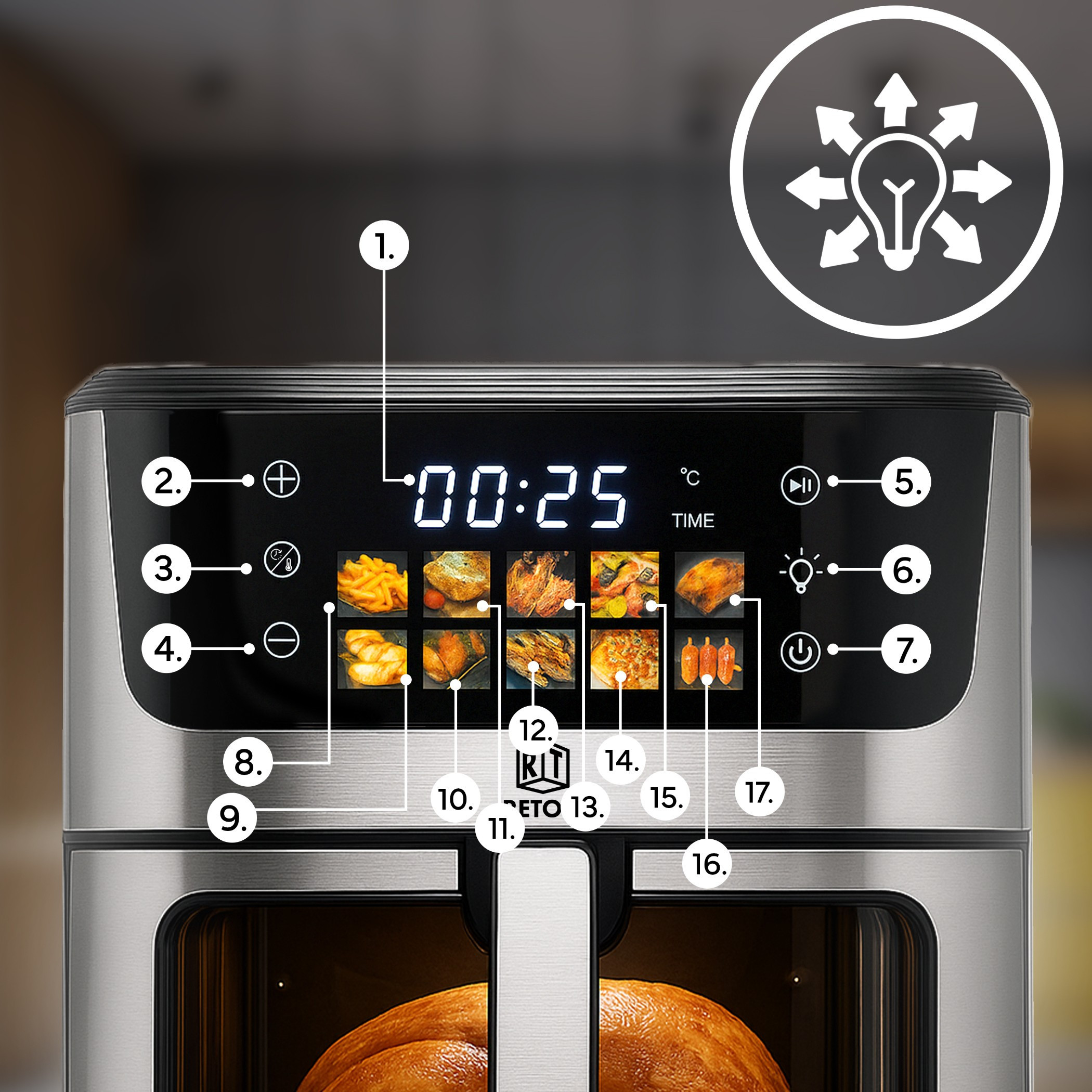 Air Fryer Fat-Free Large RETOO, 6.5L, 1800W, 10 Programs, Temperature Range 80-200°C, Oven for Frying, Touch Display, Viewing Window, Sound Signal, Fat-Free Cooking, Compact, Multi-Functional Fryer for Kitchen, with Large Container, High Quality, Easy Cleaning, Programs for Fries, Cakes, Chicken, Fish, Baking, Cold, Modern Fat-Free Fryer, Advanced Kitchen Device, Practical Oven. Air Fryer Fat-Free Large RETOO, 6.5L, 1800W, 10 Programs, Temperature Range 80-200°C, Oven for Frying, Touch Display, Viewing Window, Sound Signal, Fat-Free Cooking, Compact, Multi-Functional Fryer for Kitchen, with Large Container, High Quality, Easy Cleaning, Programs for Fries, Cakes, Chicken, Fish, Baking, Cold, Modern Fat-Free Fryer, Advanced Kitchen Device, Practical Oven.