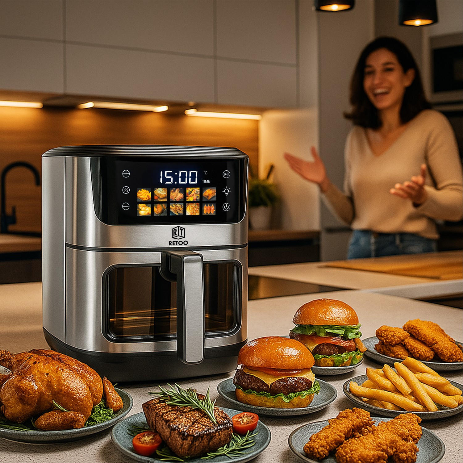 Air Fryer Fat-Free Large RETOO, 6.5L, 1800W, 10 Programs, Temperature Range 80-200°C, Oven for Frying, Touch Display, Viewing Window, Sound Signal, Fat-Free Cooking, Compact, Multi-Functional Fryer for Kitchen, with Large Container, High Quality, Easy Cleaning, Programs for Fries, Cakes, Chicken, Fish, Baking, Cold, Modern Fat-Free Fryer, Advanced Kitchen Device, Practical Oven. Air Fryer Fat-Free Large RETOO, 6.5L, 1800W, 10 Programs, Temperature Range 80-200°C, Oven for Frying, Touch Display, Viewing Window, Sound Signal, Fat-Free Cooking, Compact, Multi-Functional Fryer for Kitchen, with Large Container, High Quality, Easy Cleaning, Programs for Fries, Cakes, Chicken, Fish, Baking, Cold, Modern Fat-Free Fryer, Advanced Kitchen Device, Practical Oven.
