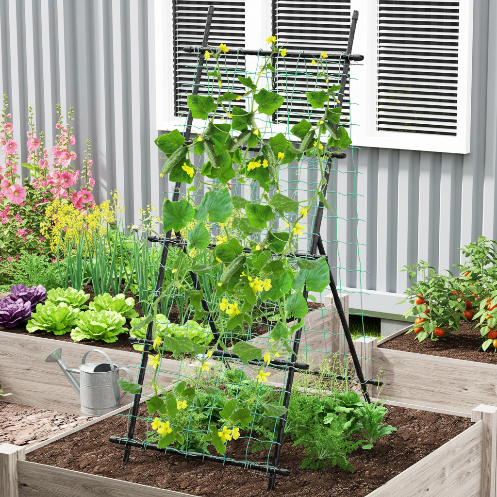 Image of Cucumber Trellis For Raised Bed, A Frame Garden Trellis For Climbing Plants Outdoors With Netting, Pe Coated Metal Poles
