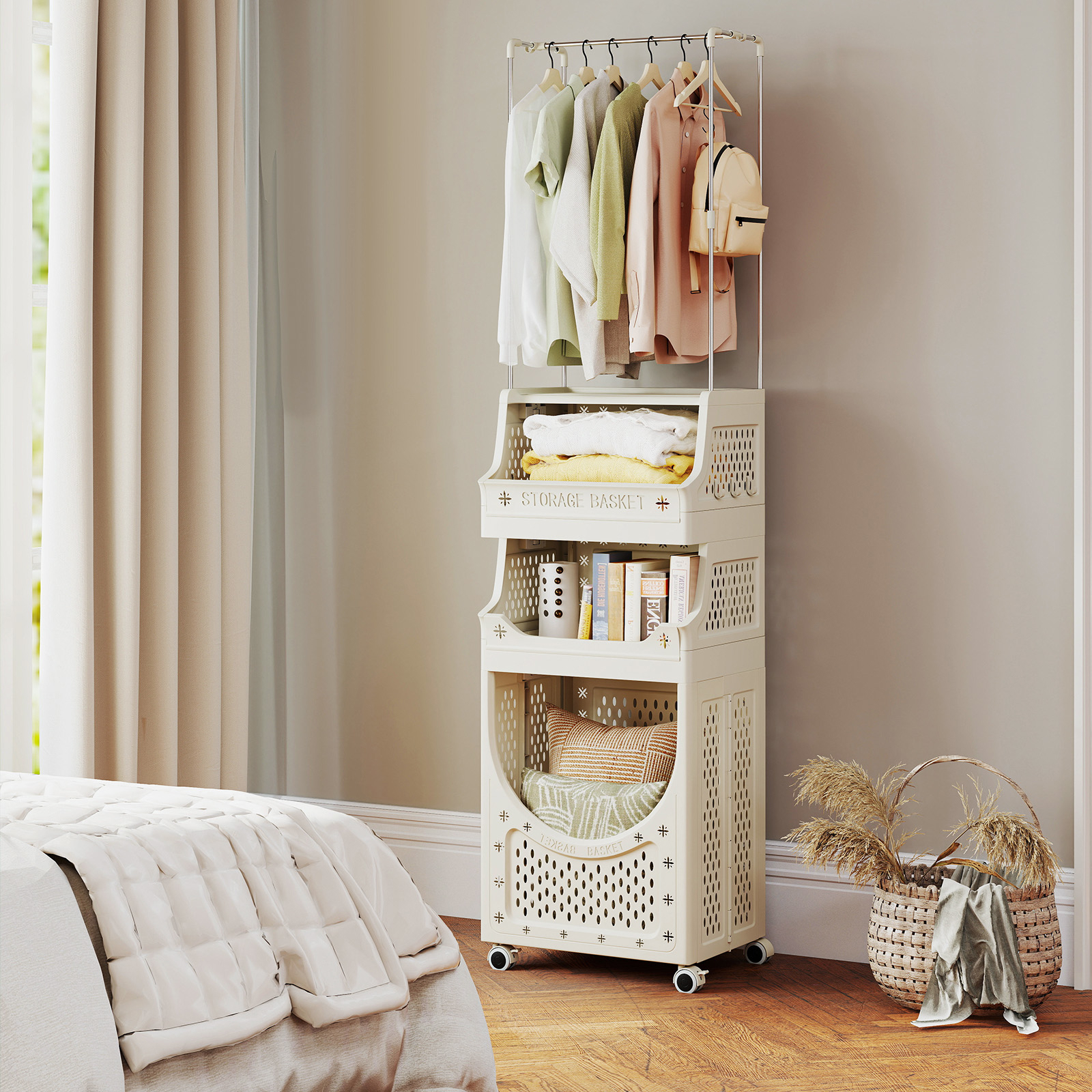 4-tier Laundry Cart With Hanging Bar, Folding Laundry Hamper With Lockable Wheels, 2 Baskets, 8 Hanging Hooks, Space- Rolling Utility Cart For Laundry Room, Bathroom, Bedroom