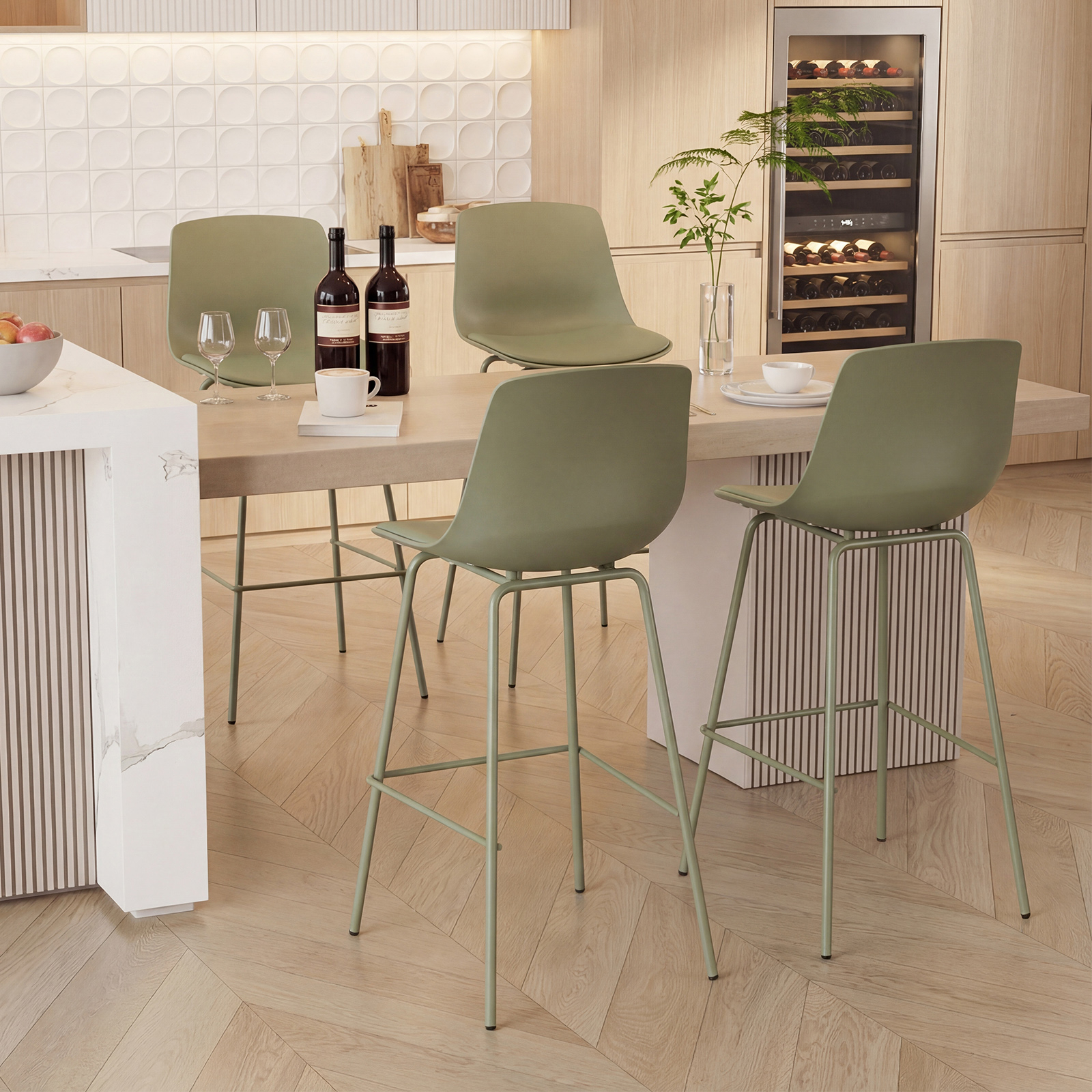 Image of Bar Stools Set Of 4, Faux Leather Bar Height Chairs With Backs, Soft Padded Seats, Metal Footrests And Legs, Modern High Barstools For Kitchen Island And Dining Room, 180 Kg Weight Capacity