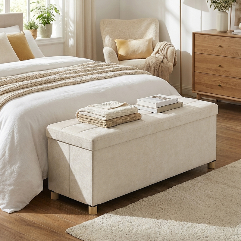 TEMU Taburete de almacenamiento plegable 38 x 110 x 40 cm, reposapiés 112 l, terciopelo, adecuado para dormitorio, salón, beige