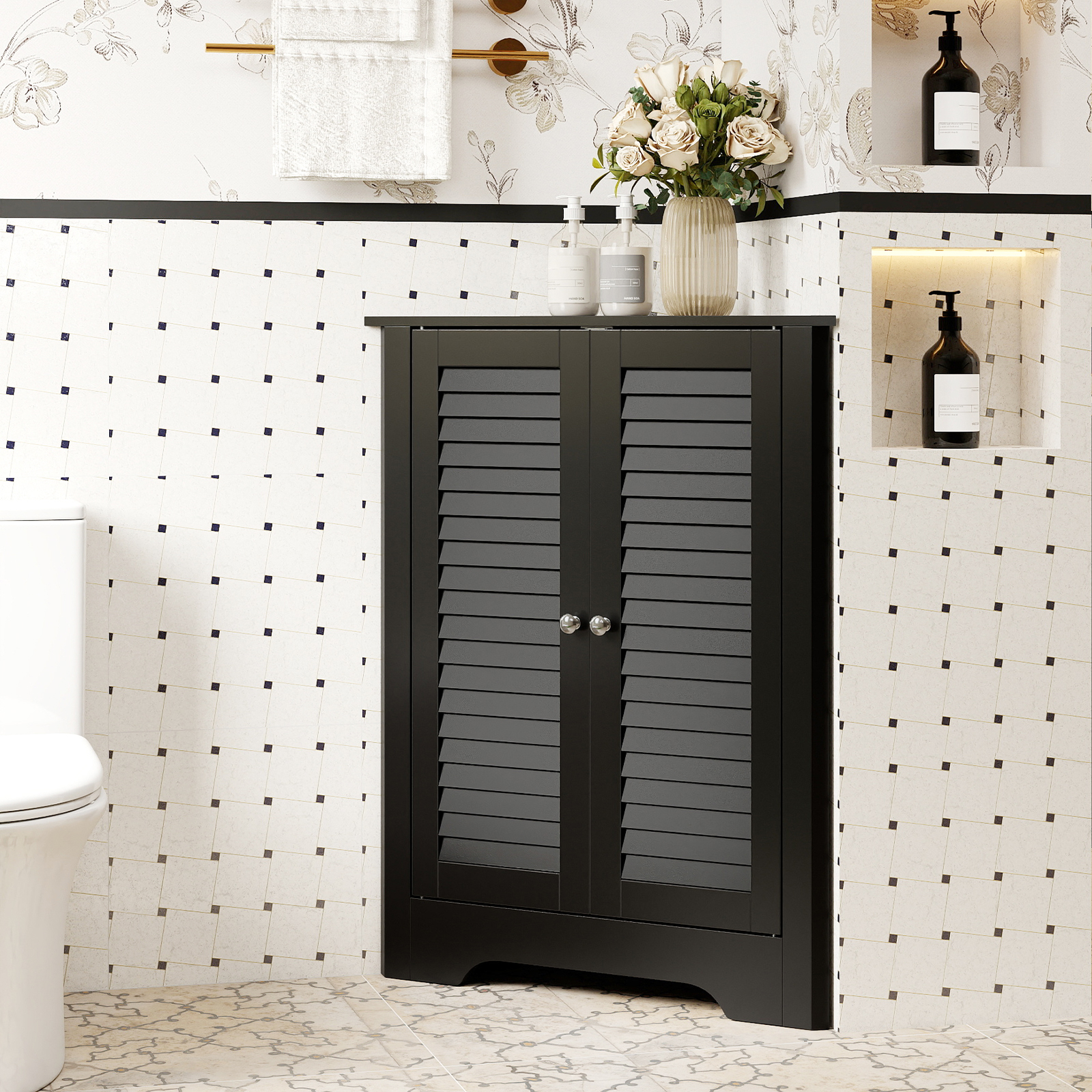 Corner Storage Cabinet With Double Shutter Doors And Adjustable Shelf, Freestanding Floor Cabinet Organizer For Room Bathroom