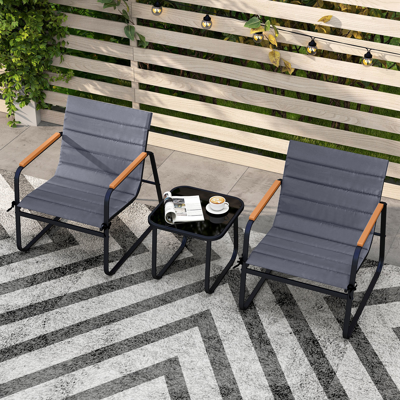 Image of 3 Pieces Set, Outdoor Fabric Conversation Set With Cushions And Tempered Glass Coffee Table, Small Outside Furniture Porch Chairs For Balcony, Lawn, Garden And Yard