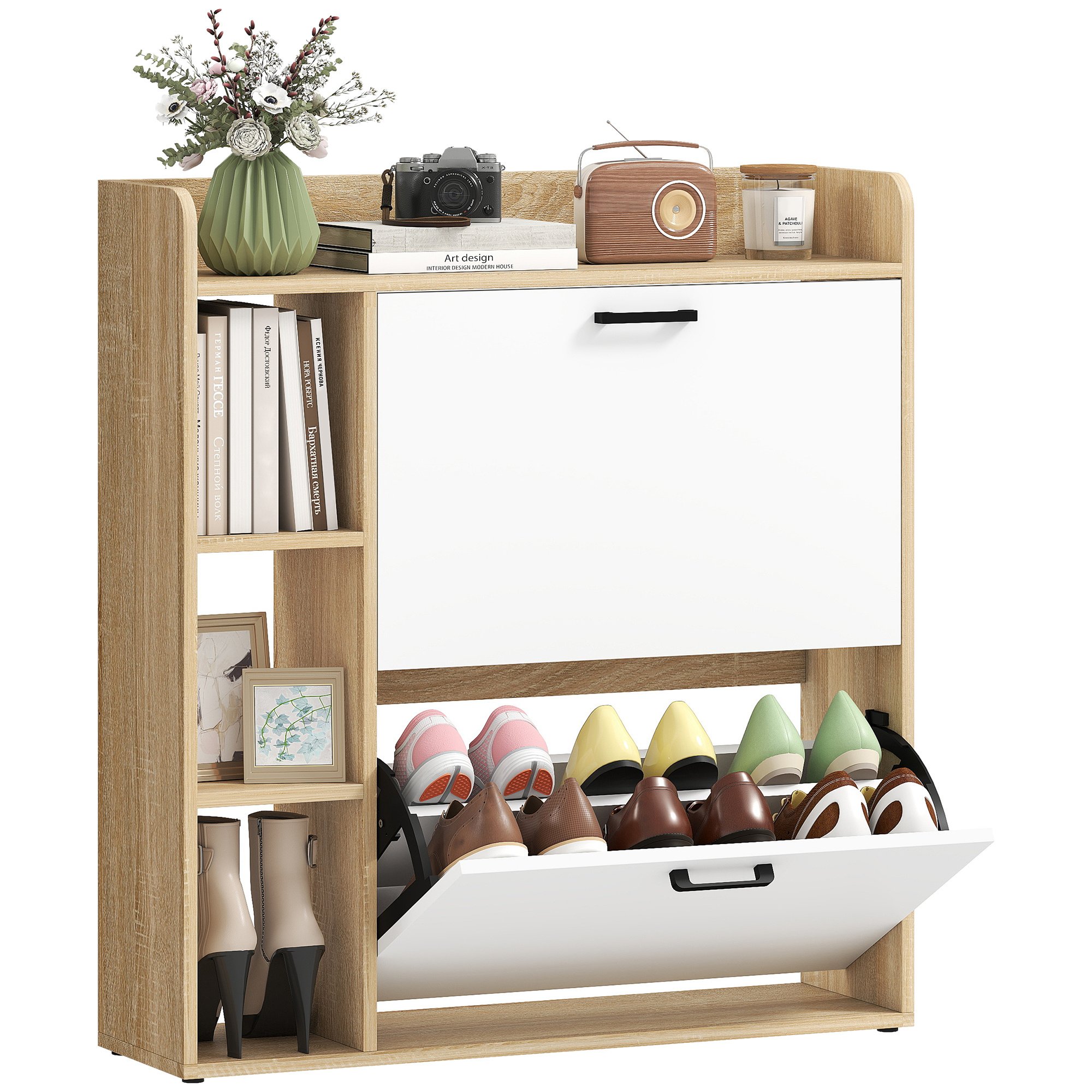 TEMU Meuble à Chaussures 15 Paires, Armoire à Chaussures Moderne avec 2 Tiroirs Rabattables, Étagères Réglables, 3 Étagères Latéraux, pour Couloir et