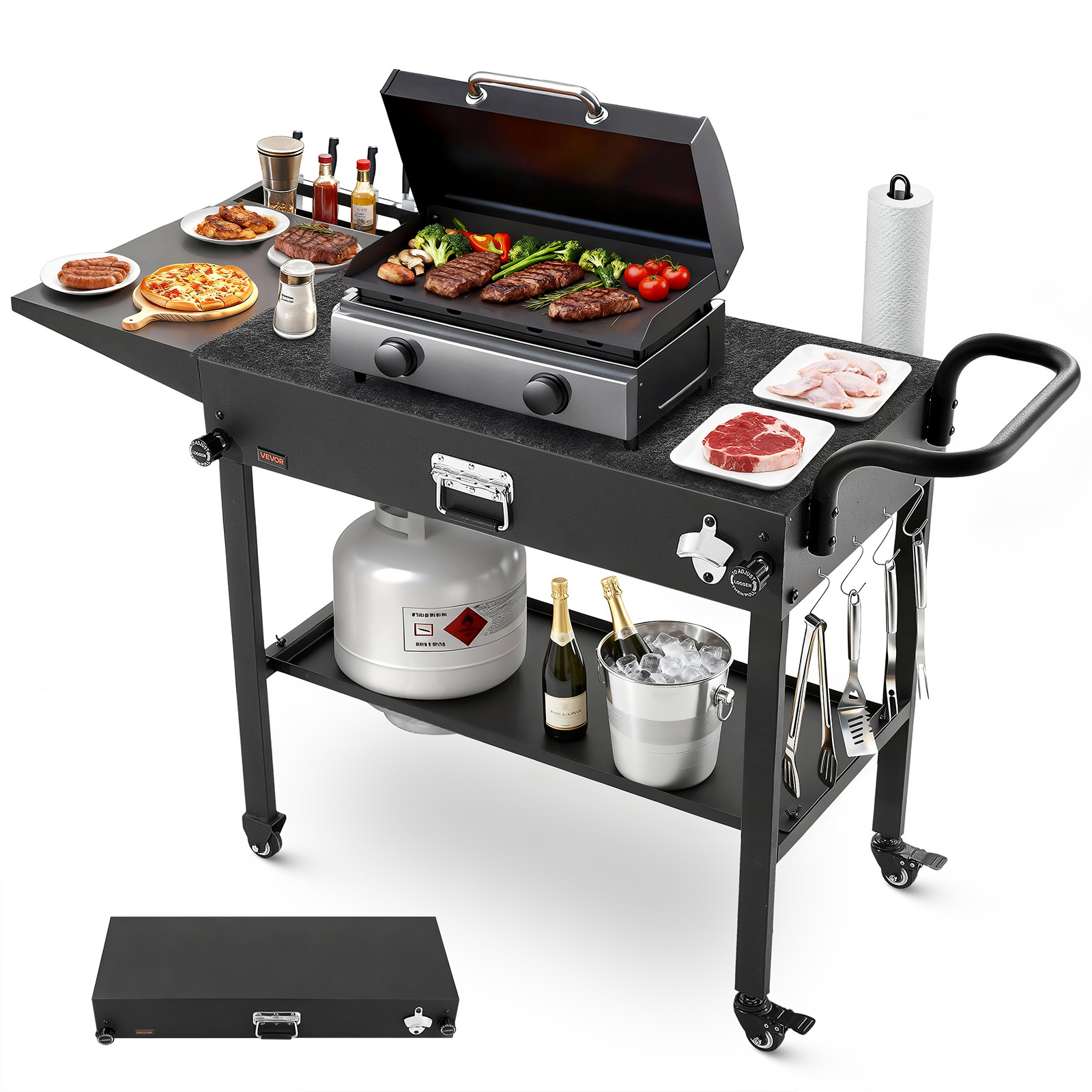Vevor Outdoor Grill Cart, 787 X 432mm Tabletop Size Grilling Table, Foldable Outdoor Cooking Table With Tissue Holder, Hooks, Wheels, Side Table, Bbq Prep Tables For Picnic, Kitchen, Courtyard