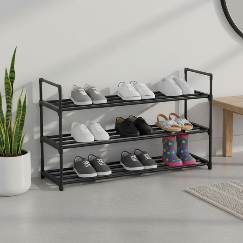 TEMU Zapatero de 3 niveles de metal con capacidad de zapatos, estante apilable para pasillo, salón, dormitorio, negro