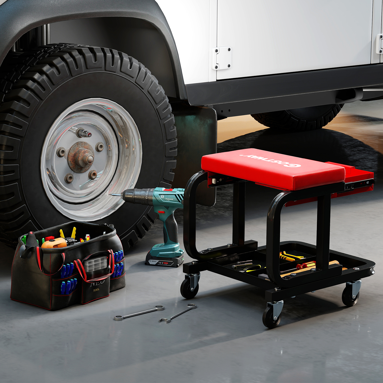 Image of Rolling Creeper Seat With 185 Kg Capacity, Padded Mechanic Stool With Drawer, Tool Tray And Universal Casters, Garage Chair For Workshop, Auto Repair