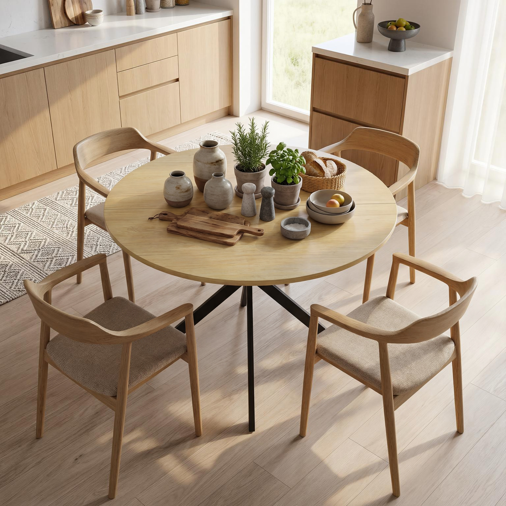 Round Dining Table For , Ø100 Cm Industrial Table With Steel Legs, For Dining Room, Kitchen, Home Office, Oak