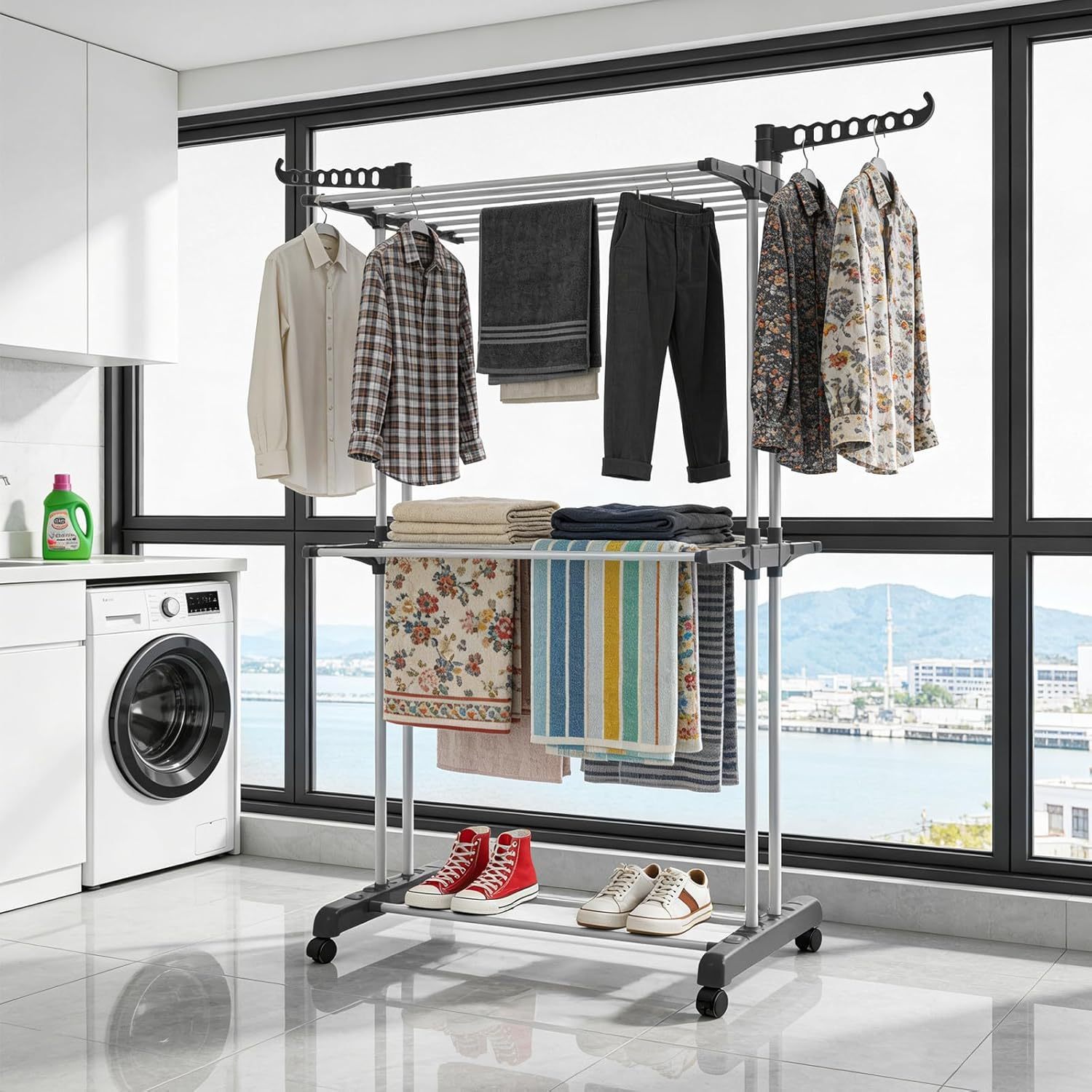 TEMU Large 2-tier Clothes Drying Rack – Heavy Duty Foldable Stainless Dry Rack With Wheels, Adjustable Side Wings, Indoor & Outdoor Laundry Airer