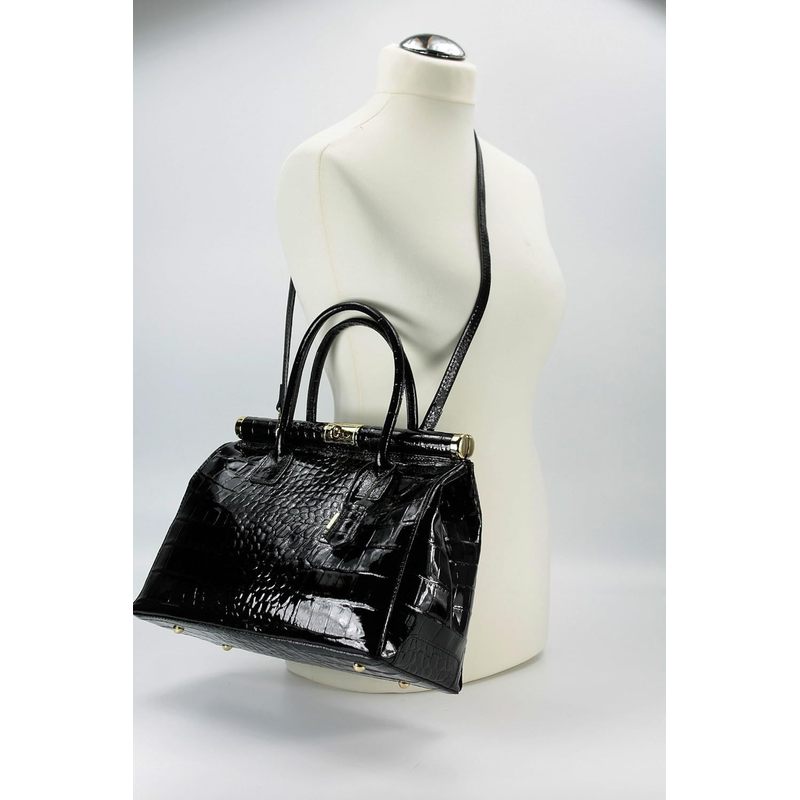 Italian Leather Handbag, Women's Shoulder Bag, Made in Italy, 34 x 25 x 16 cm, Twist Lock Closure, Multiple Compartments, Versatile Carrying Options