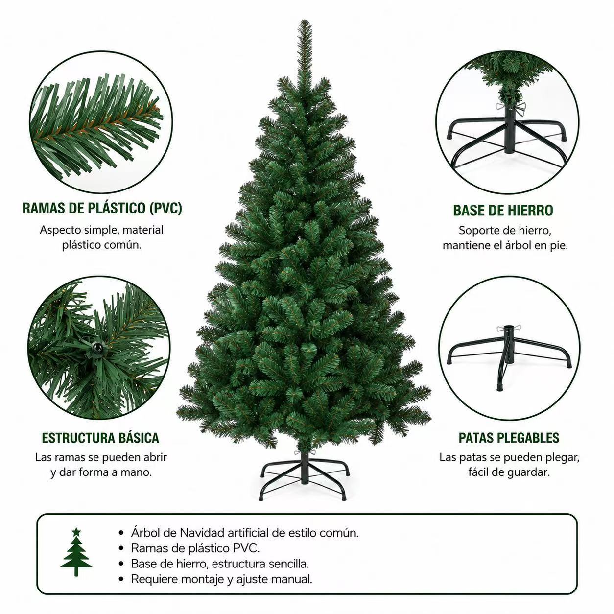TEMU Arbol de Navidad artificial con de plástico PVC y base de hierro. Diseño sencillo para decoración navideña en casa, oficina, otros espacios.