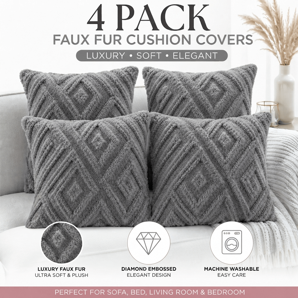 TEMU 4 Pack 45x45cm Luxury Shaggy Pillow Protectors – Soft Faux Fur Textured Cushion Decor, Elegant For Sofa, Bedroom, Lounge & Home