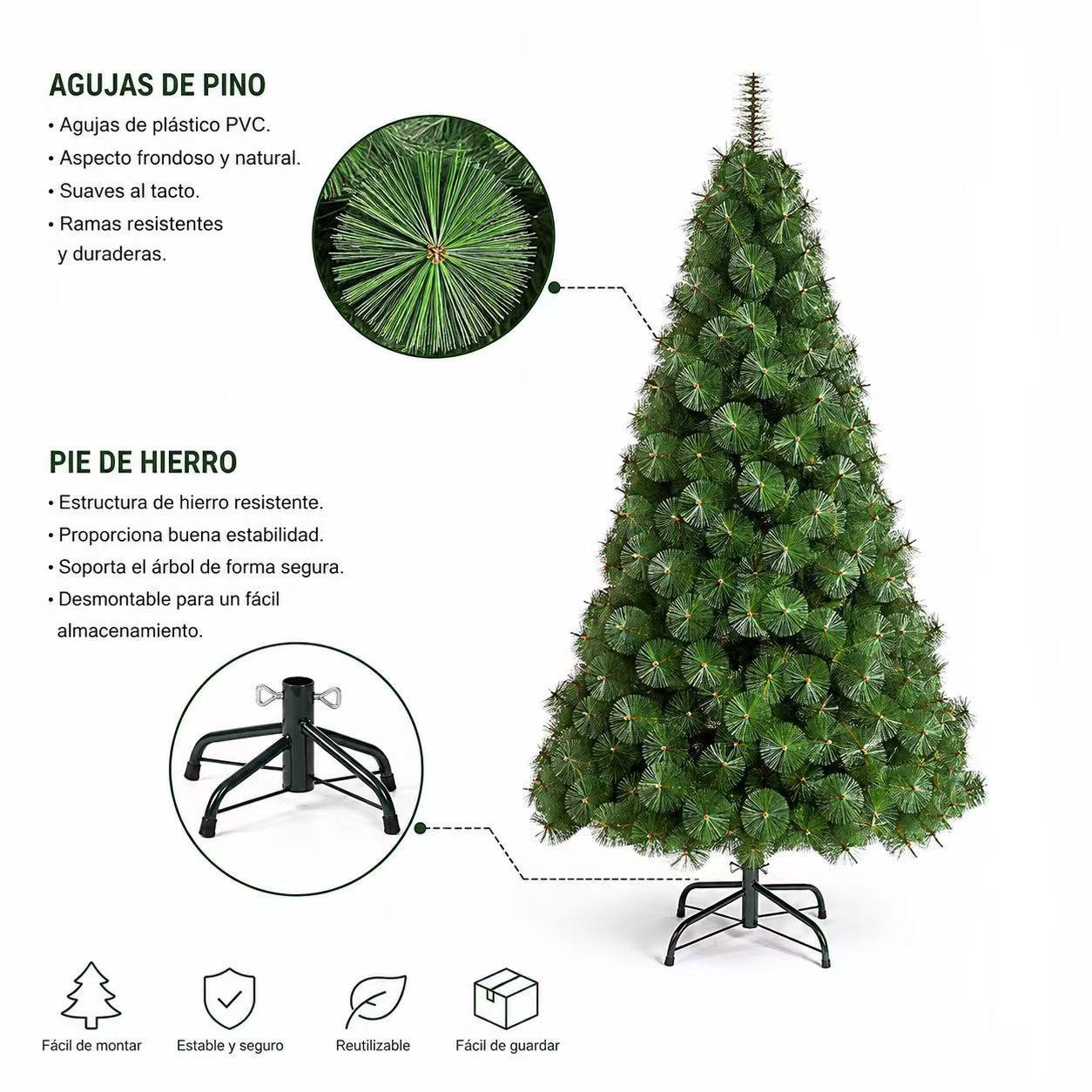 TEMU Árbol de Navidad artificial con agujas de plástico pino y base de hierro. Tiene un diseño sencillo para decorar el hogar, oficina o tienda en