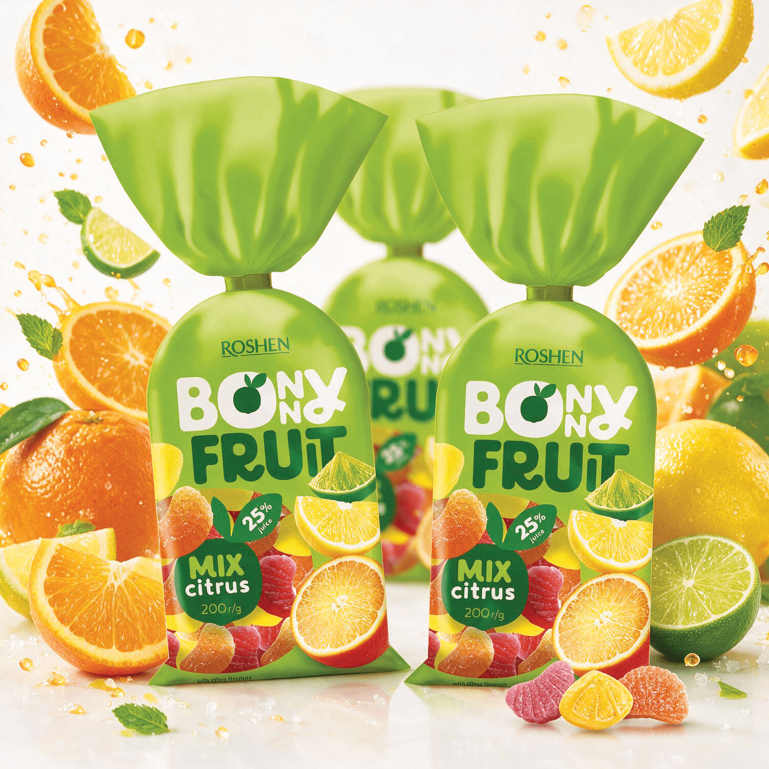 Image of 3rd Pack - Roshen Bonny Fruit Mix Citrus - Sugared Fruit Gummies With Citrus Mix - Lemon-lime, Orange, Grapefruit 3x200g