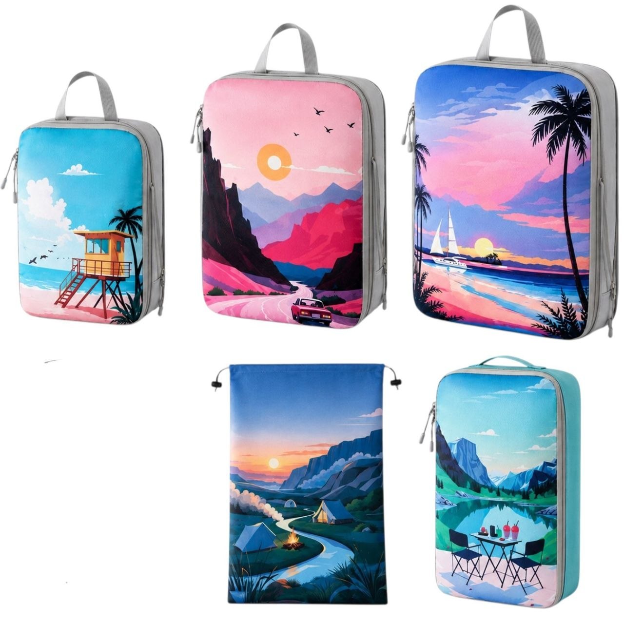 Image of 5-piece Luggage Organizer Set With Natural Design & Travel Accessories – Packing Cube Set With Toiletry Bag, Shoe Bag, Neck Pillow & Luggage Tag For Travel, Vacation & Camping