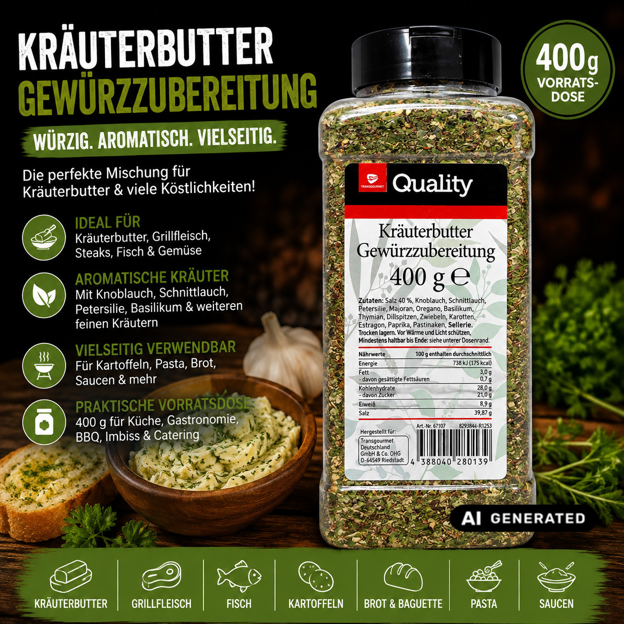 Image of Tgq Herb Butter Seasoning Mix 400g, Aromatic Spice Blend With Garlic & Herbs For Herb Butter, Steak, Grilled Meat, Fish, Potatoes, Vegetables & Baguette, Storage Can For Kitchen, Bbq & Catering