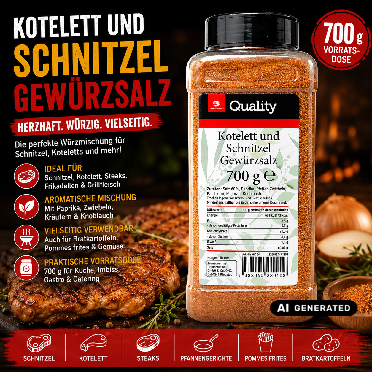 Image of Tgq Cutlet & Schnitzel Seasoned Salt 700g, Savory Seasoning Mix For Schnitzel, Cutlet, Steak, Grilled Meat, Roasts & Bbq, Large Storage Can For Kitchen, Catering & Snack Bars
