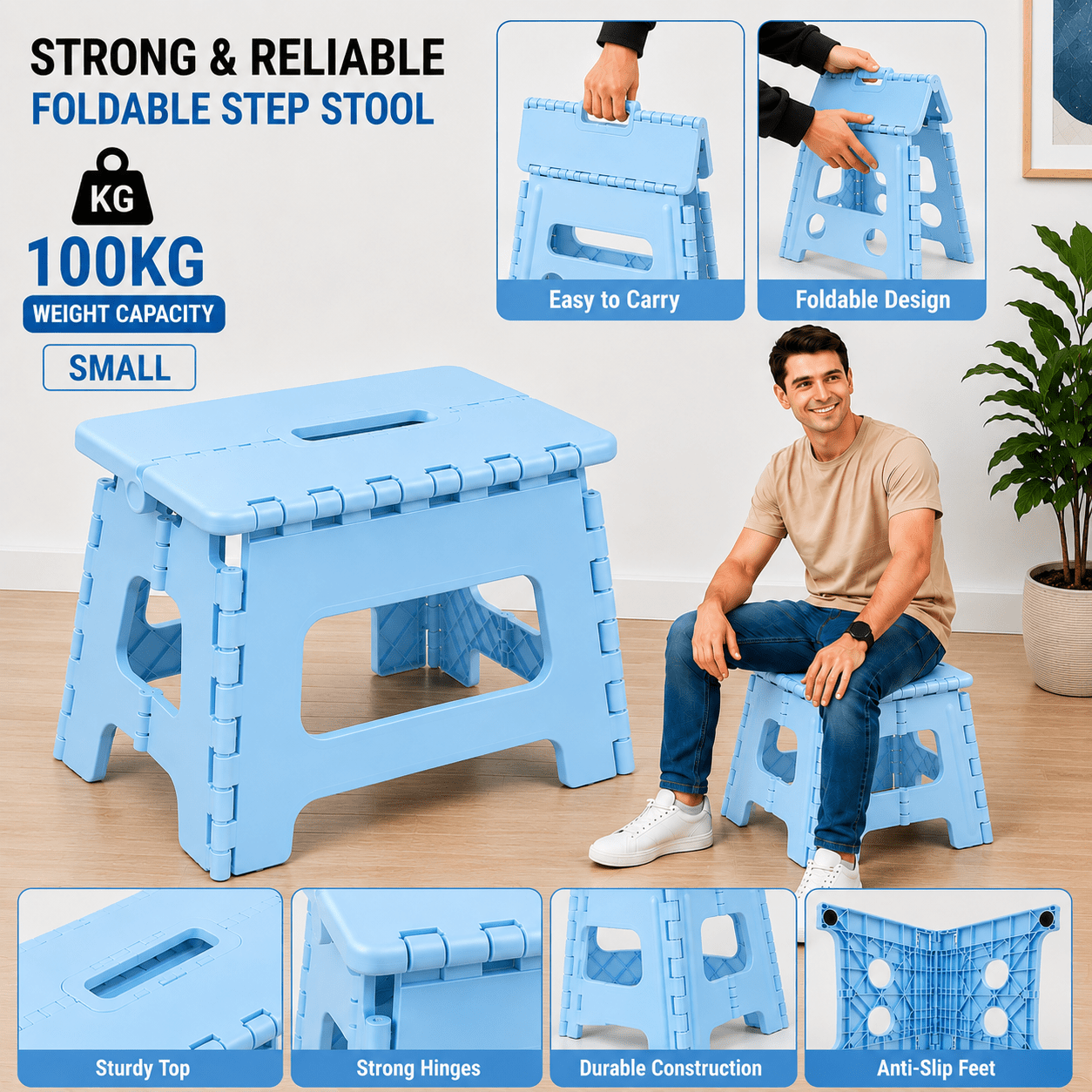 TEMU Heavy-duty Thickened Portable Folding Stool With Handle - Durable Pp Square Plastic Collapsible Stool For Indoor, Gatherings, Picnic, Fishing,