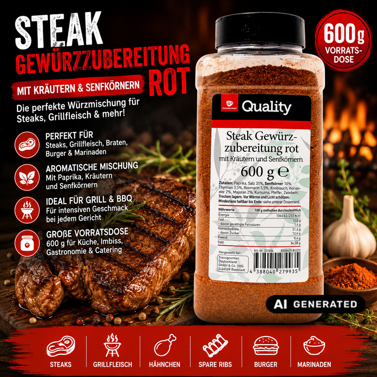 Image of Tgq Steak Spice Preparation Red 600g - Spice Mix For Steak, Grilled Meat, Bbq, Roast & Marinades - Storage Tin For Kitchen, Grill, Snack Bar & Gastronomy