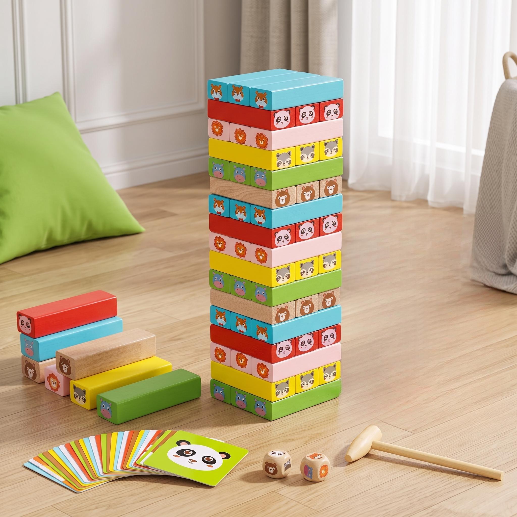 Image of Kids Swinging Tower Game, Wooden Stacking Tower Board Game, Colorful Animal Wooden Block Toy, Game Gift For Boys And Girls