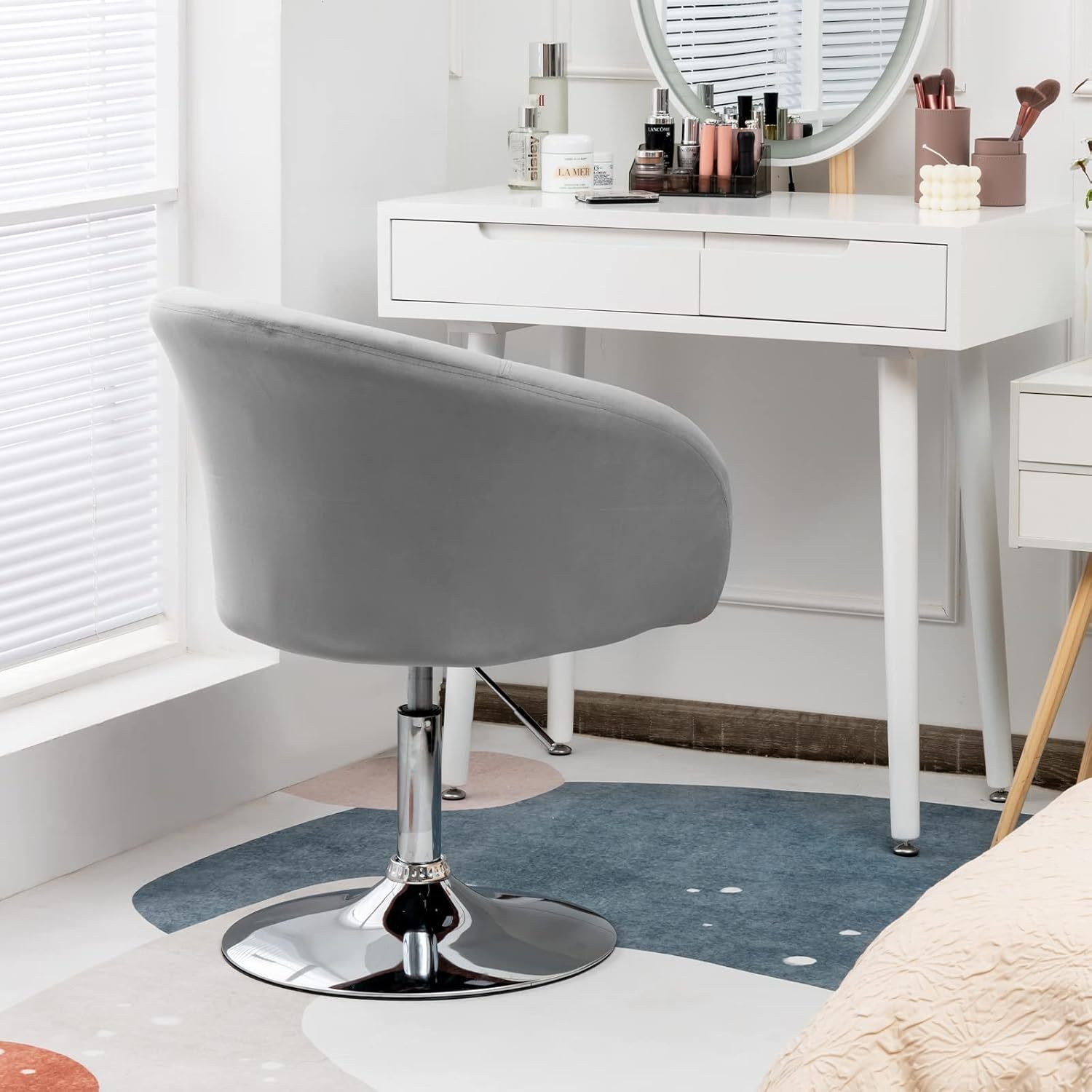 Image of Accent Chair Height Adjustable, Upholstered Chair 360° Rotatable, Dining Chair Loadable Up To 120kg, Velvet Swivel Chair Grey