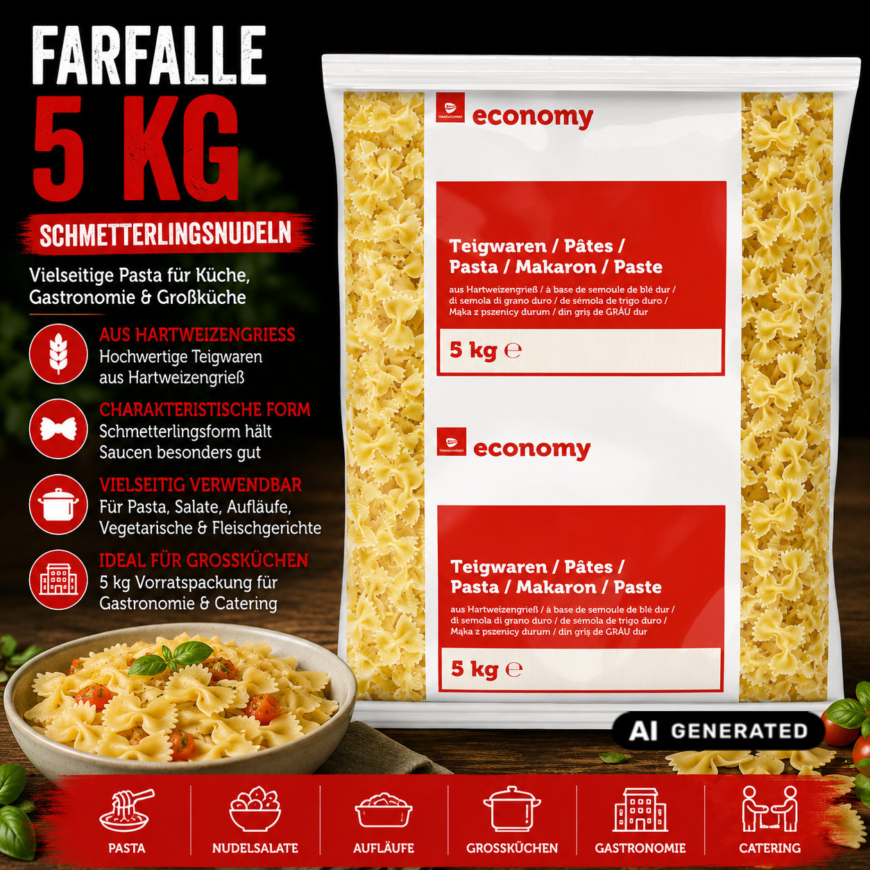 Image of Tge Farfalle 5 Kg Bulk Pack – Butterfly Pasta For Pasta Dishes, Pasta Salad & Casseroles, Commercial Pasta For Restaurants, Catering, Canteens, Buffets & Commercial Kitchens