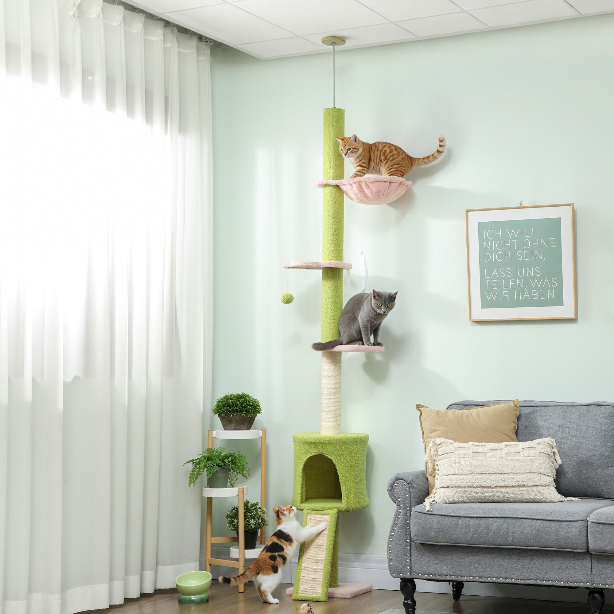 Image of Ceiling-high Cat Tree 200-240 Cm Height Adjustable With Hammock, Cave, Scratching Post, Ramp, Perches, For Cats Under 5 Kg, Green