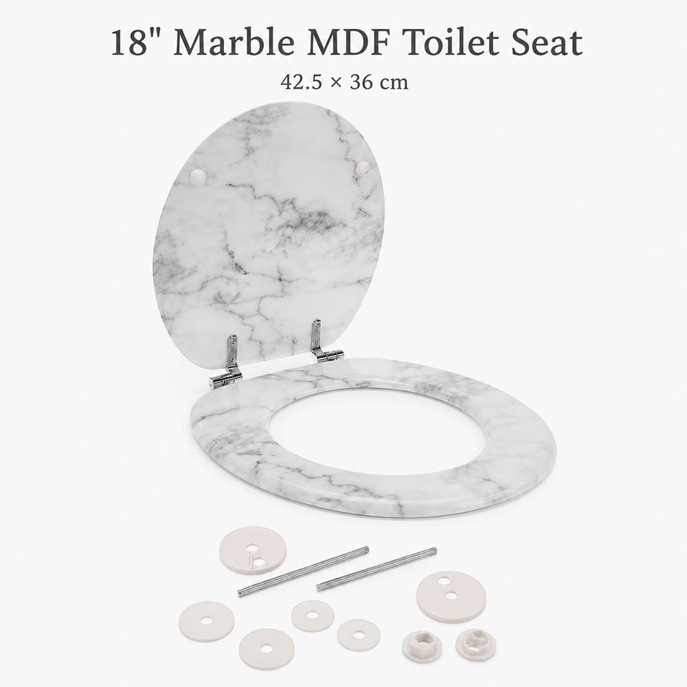 TEMU Asiento de inodoro de madera de 18 pulgadas con diseño mármol blanco, WC 42,5 x 36 cm, asiento de baño con accesorios de instalación