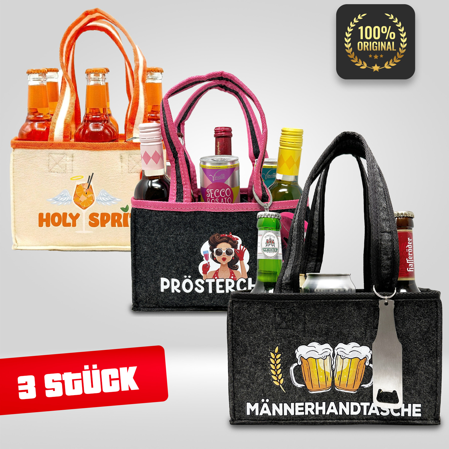 Funny Gift Set - 3 Felt Bags For 6 Bottle Cans In Different Designs For Men And Women