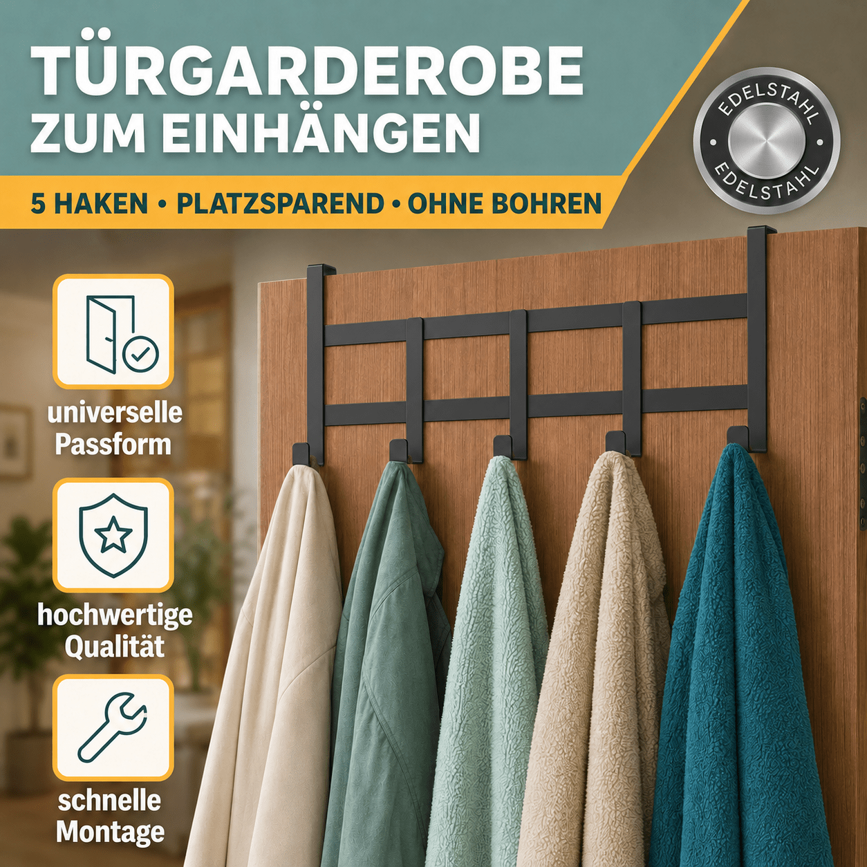 Over-the-door Coat Rack - White/black/silver | Flexible & Space- Stainless Steel Hook Rail | Suitable For The Entire Apartment | Includes Anti-slip Protection