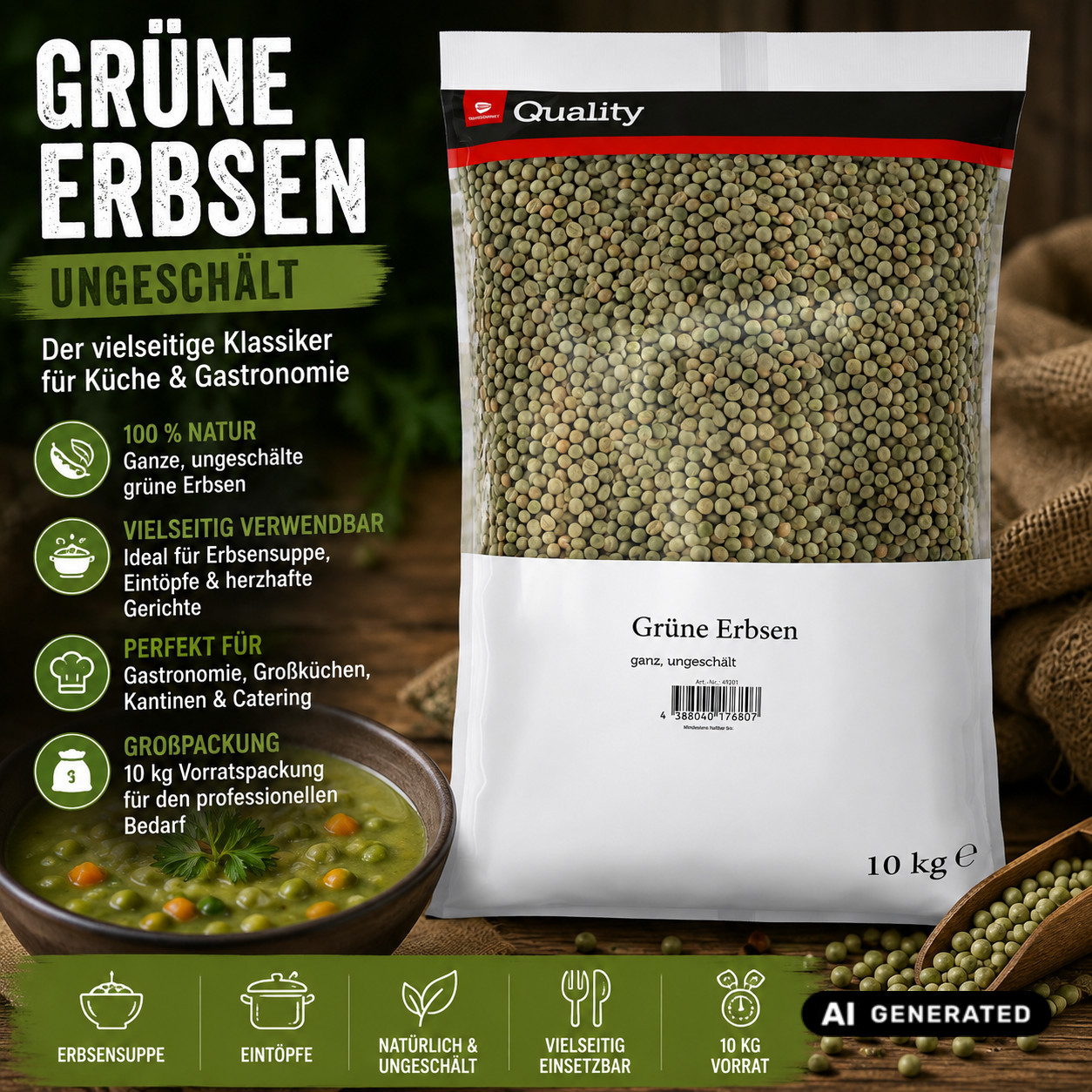 Image of Tgq Green Peas Unshelled 10 Kg Bulk Pack, Dried Whole Peas For Pea Soup, Stew & Home Cooking, Legume Supply For Catering, Commercial Kitchen, Canteen & Food Service