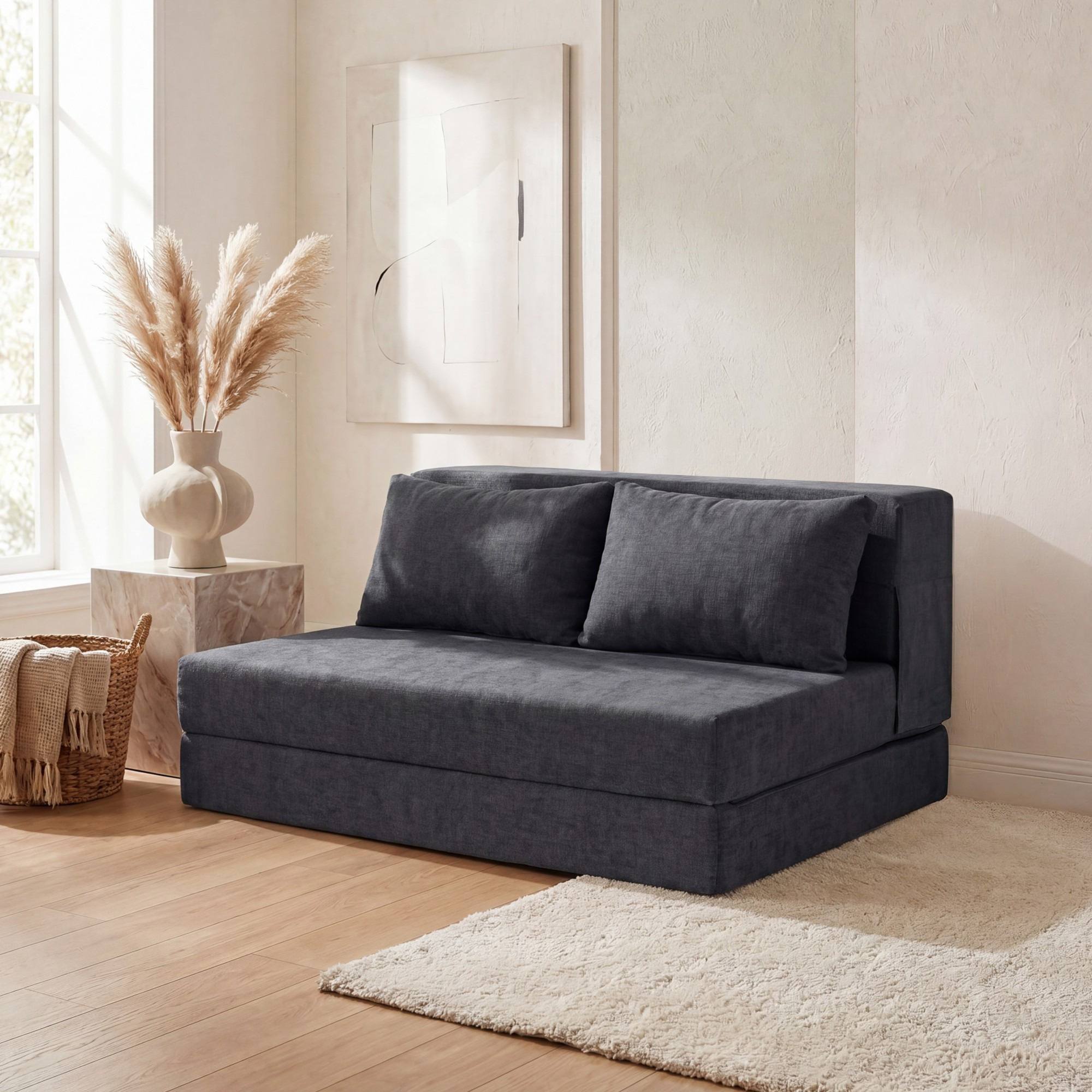 Image of Folding Sofa Bed, 3-in-1 Convertible Sleeper Chair With 2 Pillows, Chenille Fabric Fold Out Futon Couch Bed, Foldable Floor Mattress Lazy Sofa For Living Room, Bedroom, Dorm, Home Office, Grey