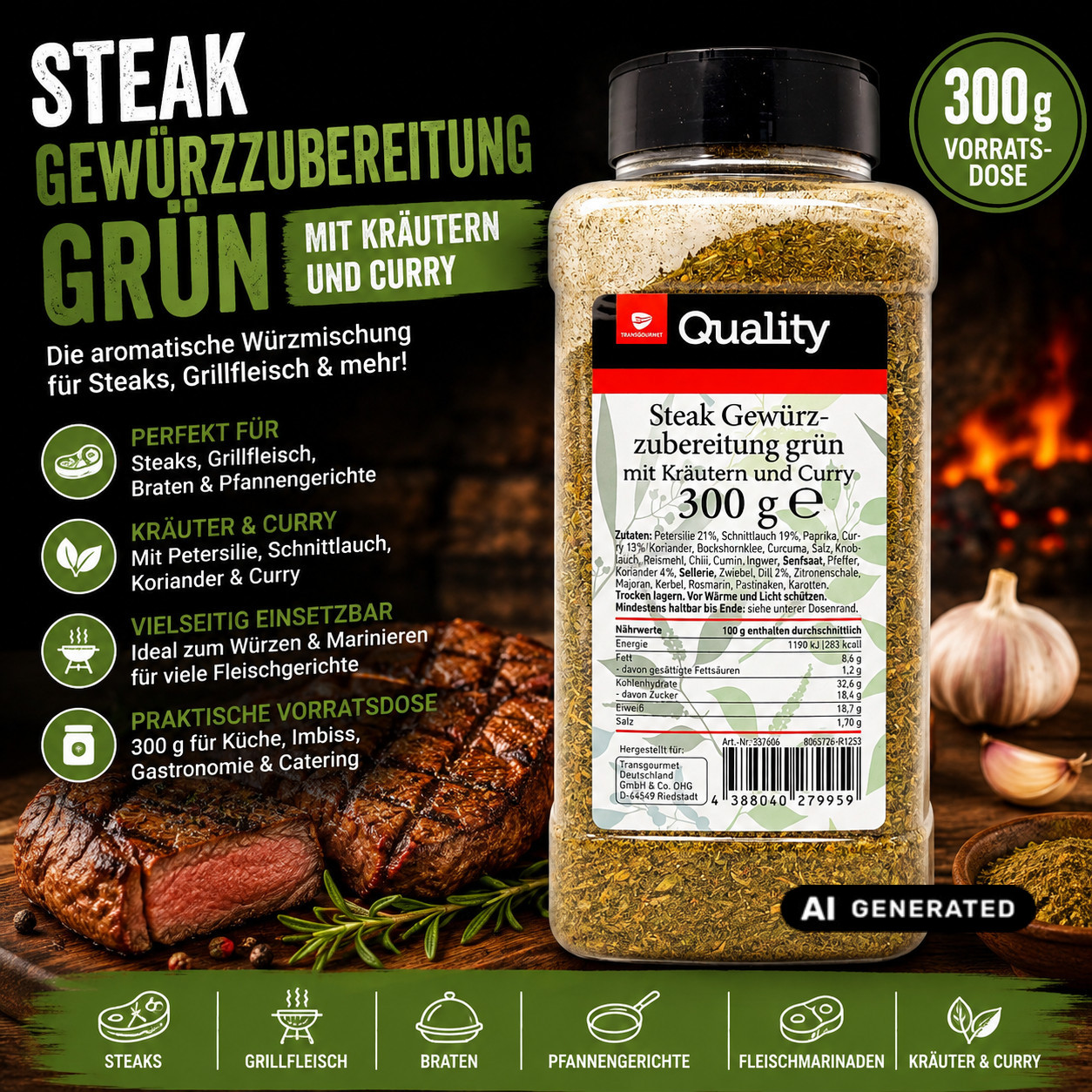 Image of Tgq Steak Spice Preparation Green 300 G, Aromatic Herb Spice Blend With Curry For Steak, Grilled Meat, Beef, Pork, Poultry, Bbq, Marinades & Vegetables, Storage Tin For Kitchen & Gastronomy