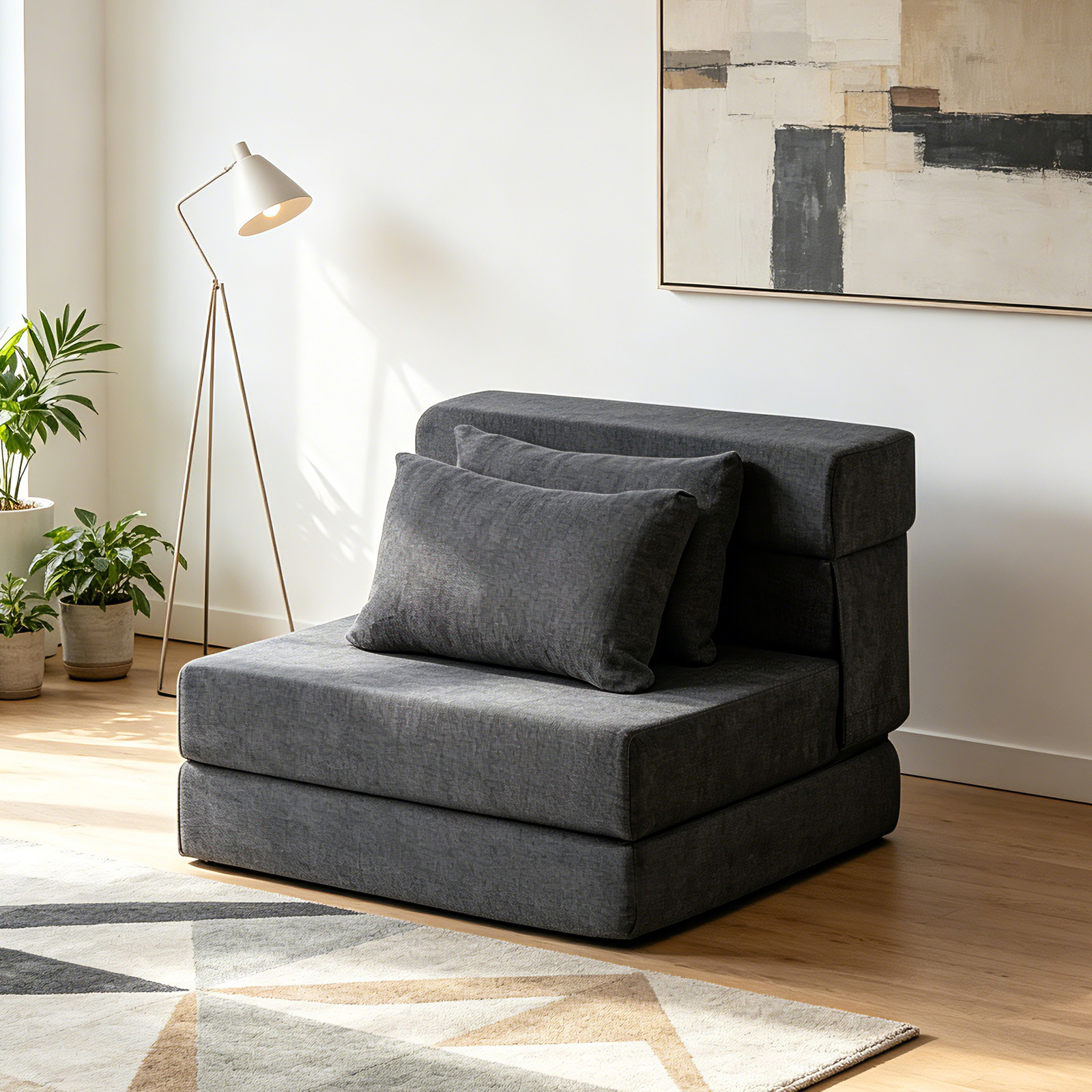 Folding Sofa Bed, 3-in-1 Convertible Sleeper Chair With 2 Pillows, Chenille Fabric Fold Out Futon Couch Bed, Foldable Floor Mattress Lazy Sofa For Living Room, Bedroom, Dorm, Home Office, Grey