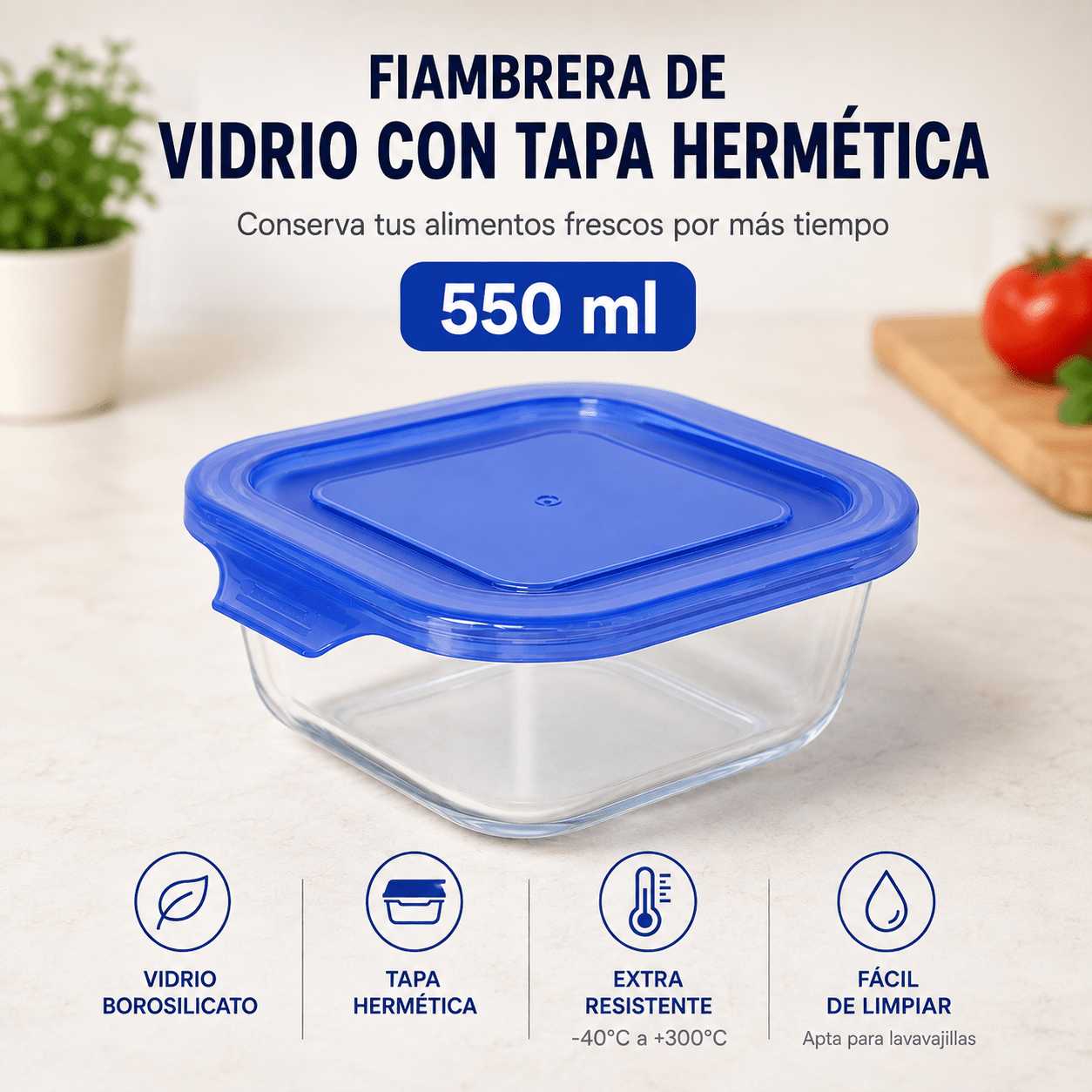 TEMU Fiambrera de Vidrio Borosilicato 550 ml con | Recipiente de Cristal para Alimentos | para Microondas, Horno, Congelador y Lavavajillas | Táper