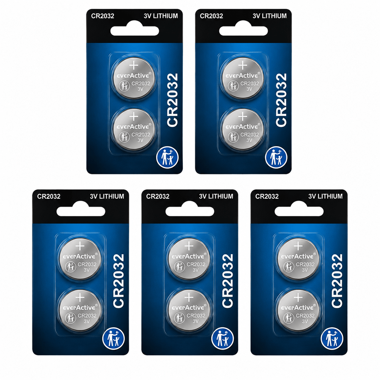 Everactive Cr2032 Lithium Batteries 3v, 10-pack (5× 2-pack Blister), 220mah, Long-lasting Button Batteries For Car Keys, Remote Controls, Scales & Devices
