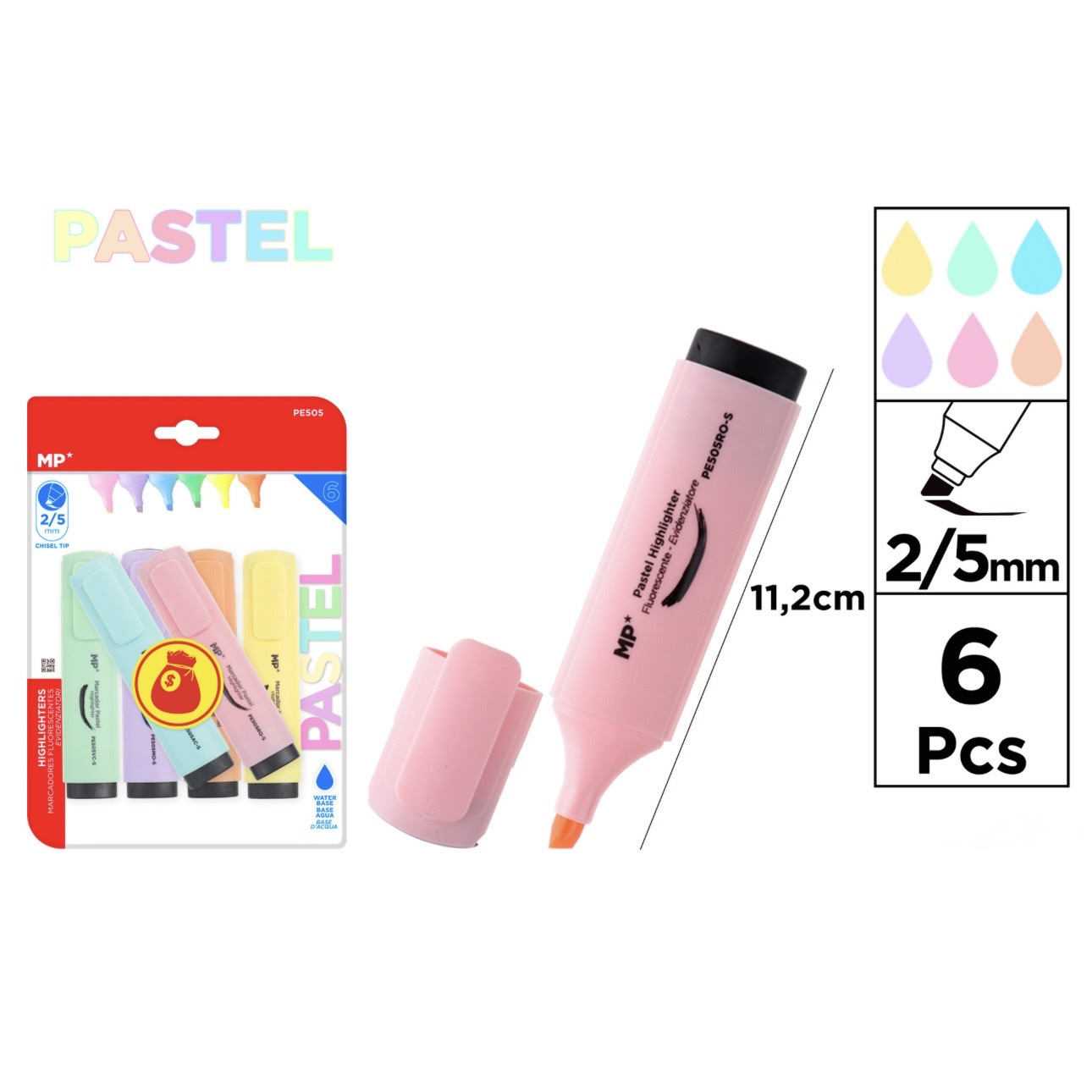 TEMU Pack de 6 Rotuladores Fluorescentes Pastel, Punta 2/5 mm, Marcadores para Estudio, Agenda, Oficina y Papelería