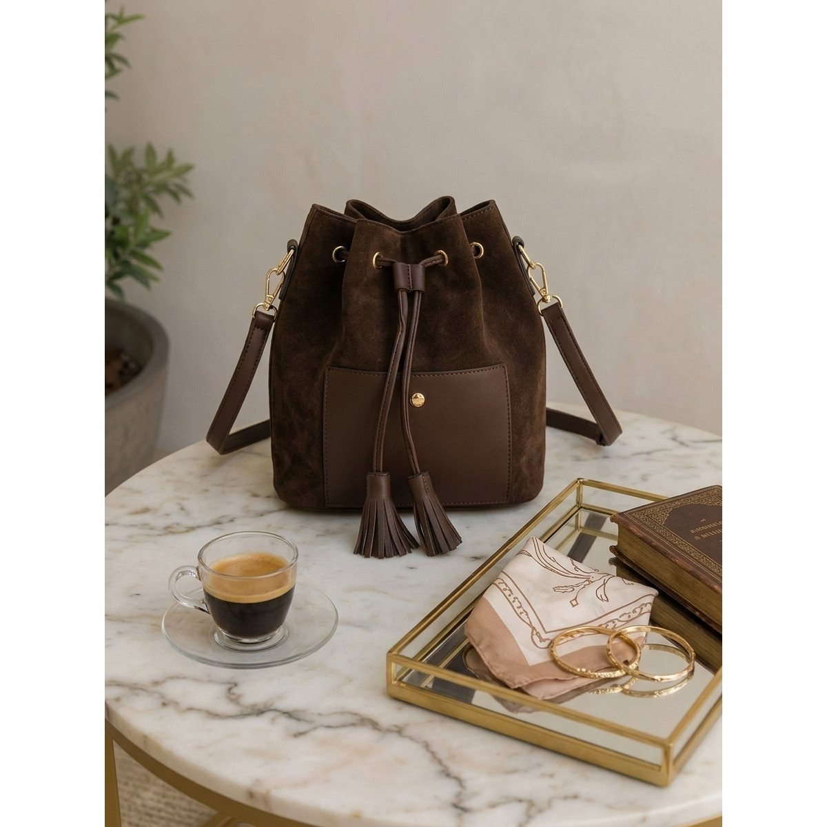 TEMU Bolso Bandolera Mujer con Correa Ajustable, Bolso de Tipo Saco con Bolsillo Exterior y Cierre de Cordón, Bolso Casual para Mujer