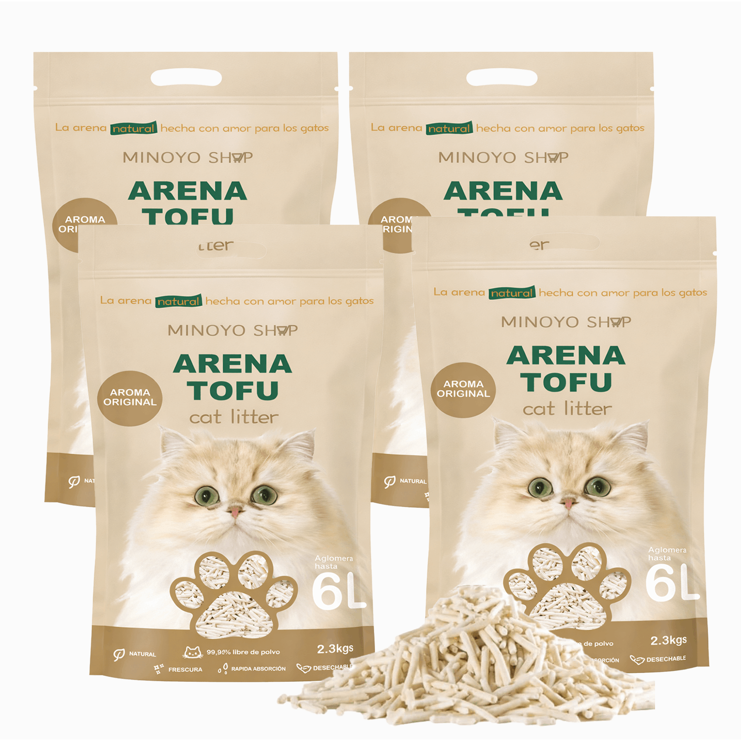 TEMU PACK 4 Arenas de Tofu para Gatos absorber 6 litros - Sin Polvo Fácil de Aglomerar y Controla Olores - Segura para Gatitos Absorben rápidamente