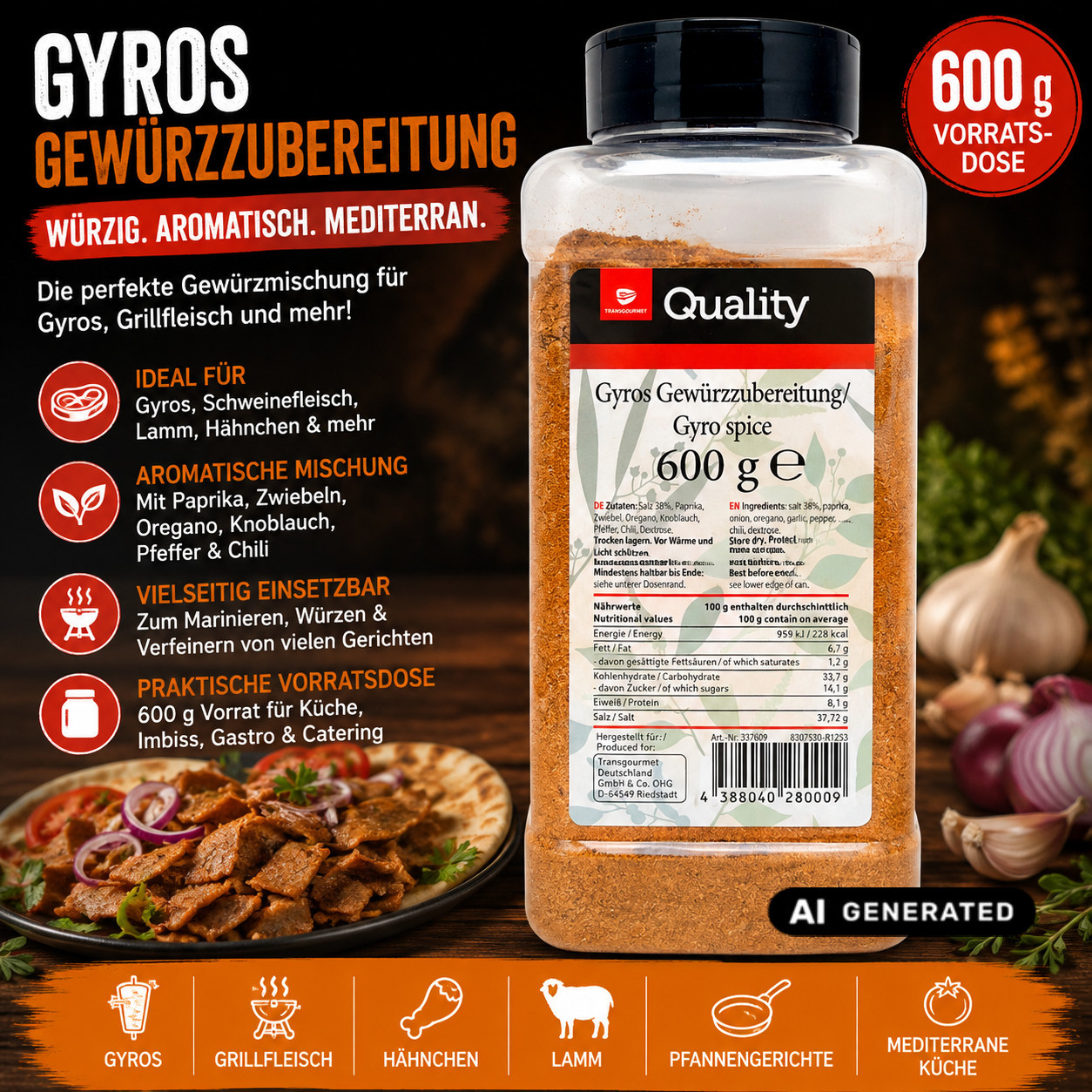 Image of Tgq Gyros Spice Preparation 600g - Spice Mix With Paprika, Oregano & Garlic - For Gyros, Grilled Meat, Chicken, Lamb & Pan Dishes - Storage Tin