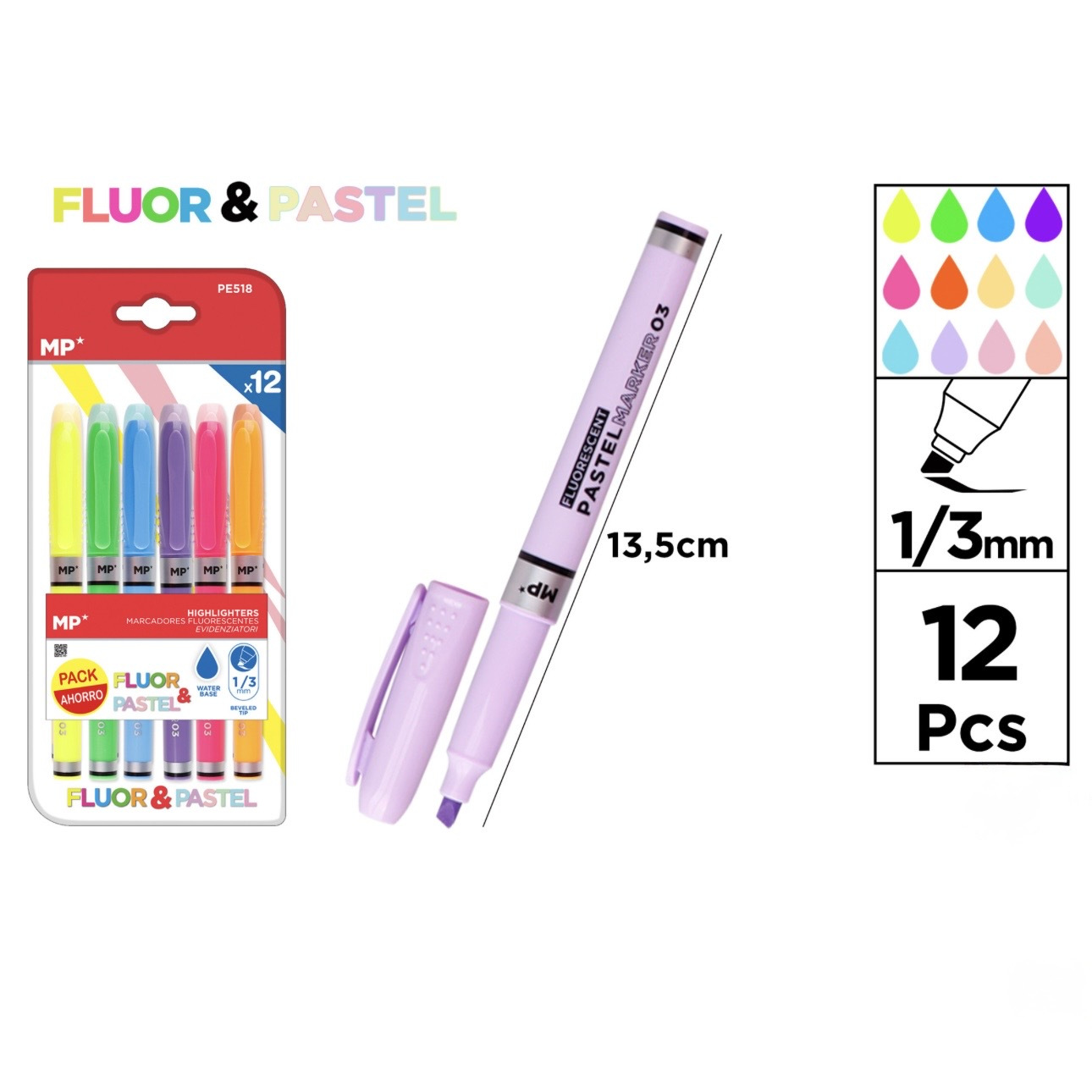 TEMU Pack de 12 Rotuladores Fluorescentes y Pastel, Punta 1/3 mm, Marcadores para Estudio, Agenda y Papelería