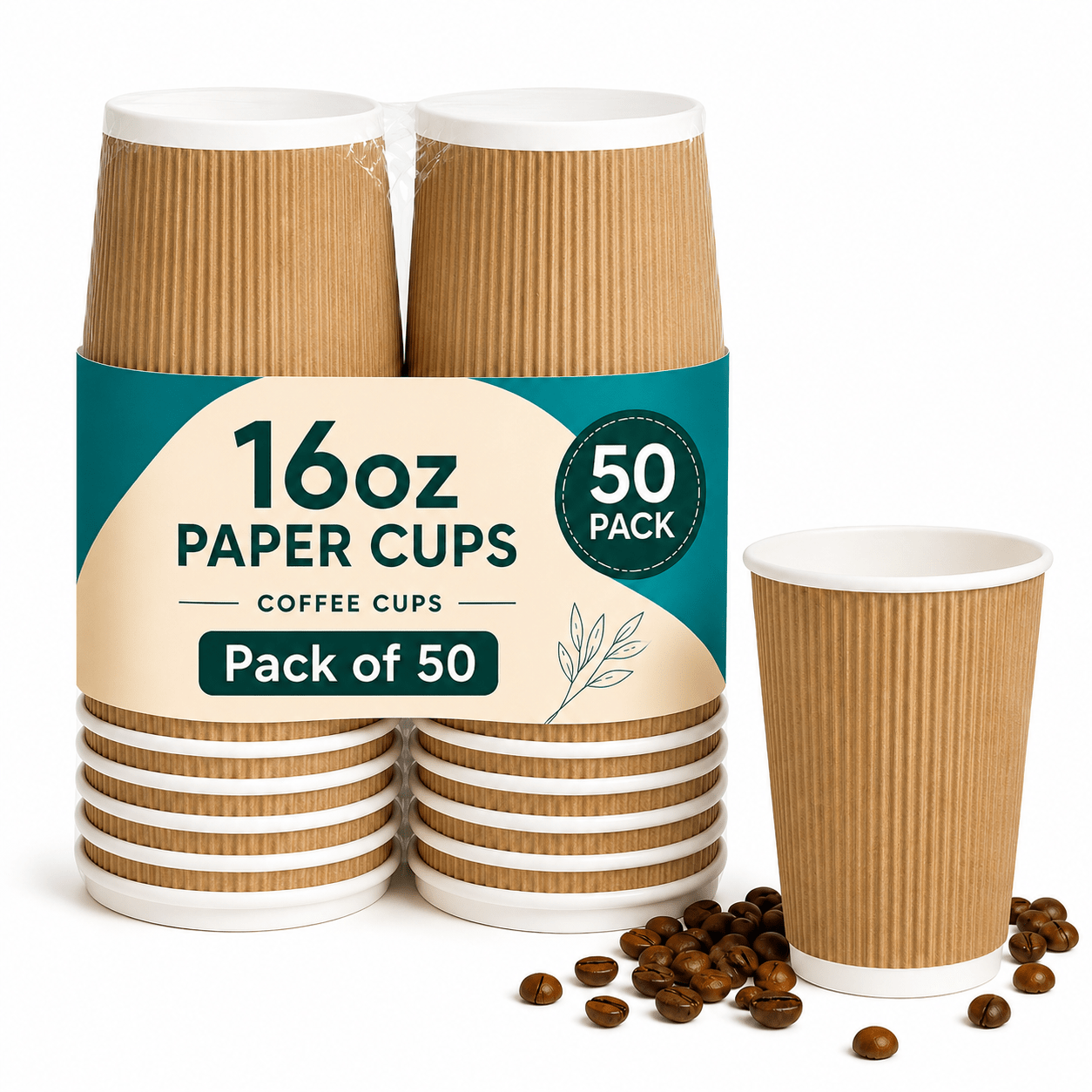 TEMU Pack Of 50 - 16oz Brown Insulated Paper Coffee Cups, Ripple Textured Exterior With Triple Layer Construction For Hot Tea, Coffee, Lattes And